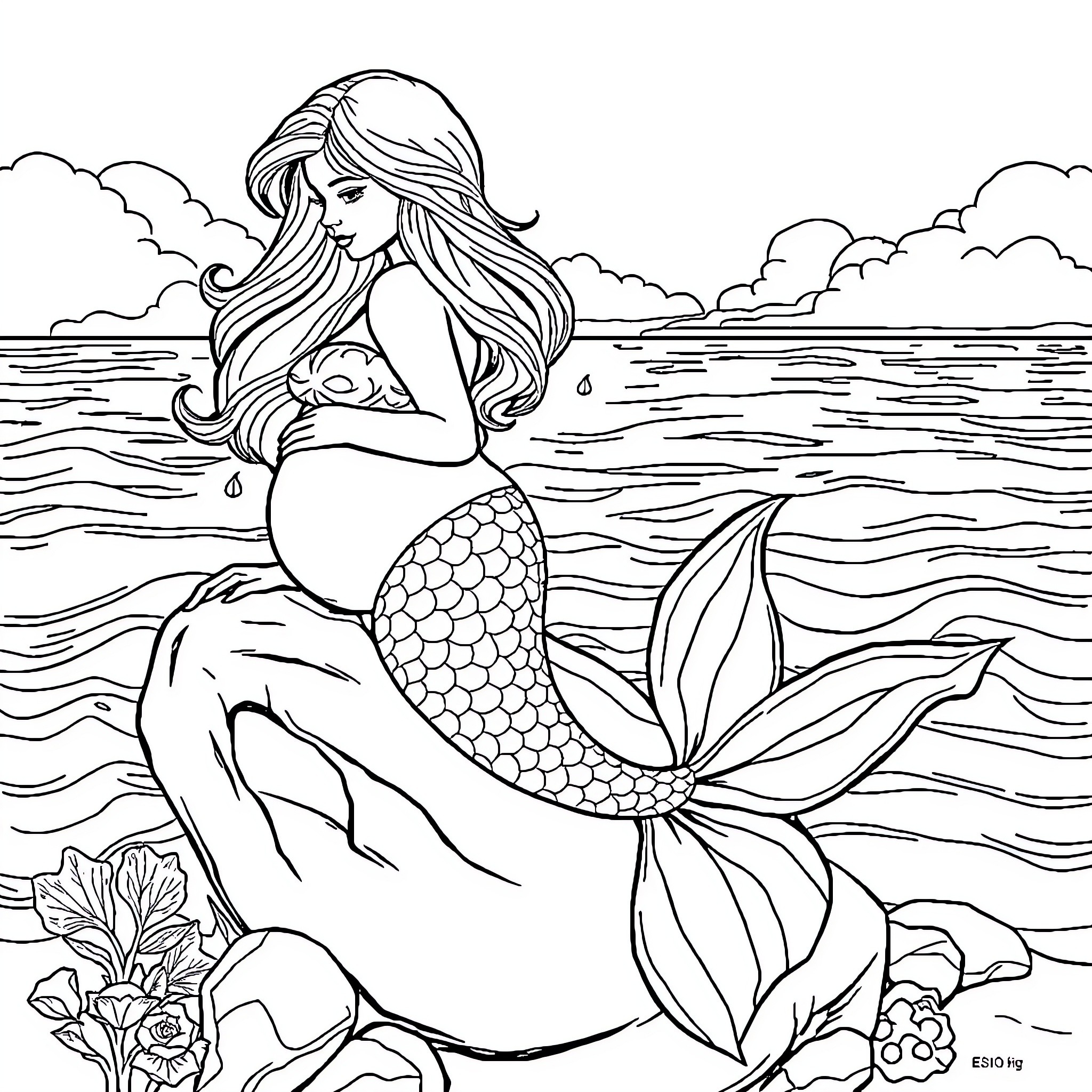 Mermaid daydreaming by the sea Coloring Page (free black-and-white line drawing printable PDF for all, from beginners to advanced learners, including children, teens, adults, and seniors)