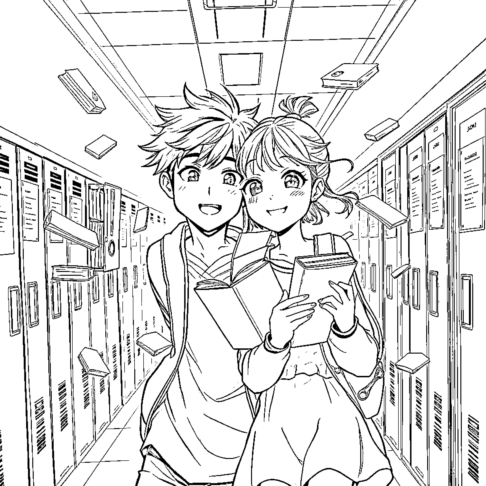 Romcom - Anime-style students sharing a lighthearted moment Coloring Page (free black-and-white line drawing printable PDF for all, from beginners to advanced learners, including children, teens, adults, and seniors)