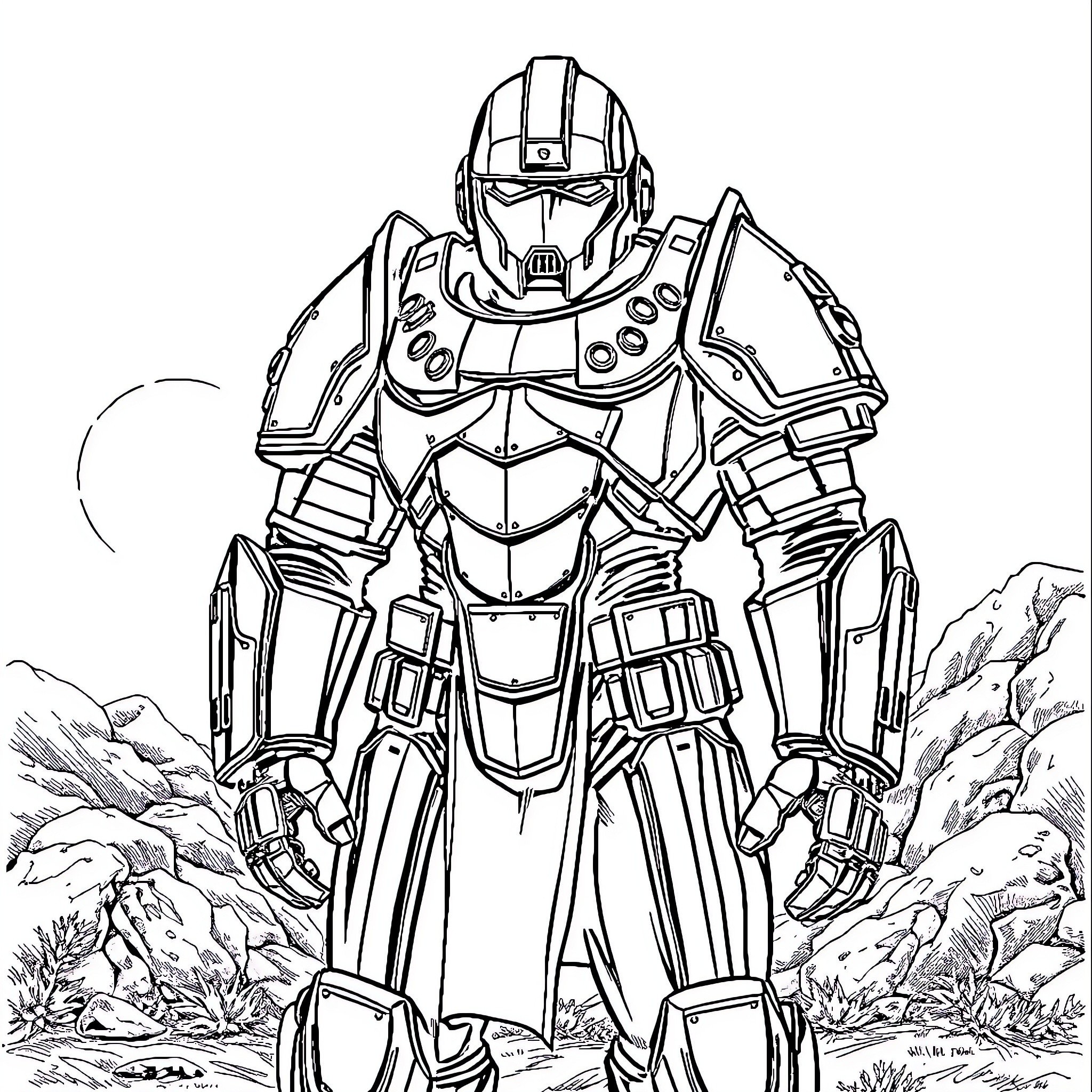 Power Armor Warrior Standing Tall in the Wilderness Coloring Page (free black-and-white line drawing printable PDF for all, from beginners to advanced learners, including children, teens, adults, and seniors)