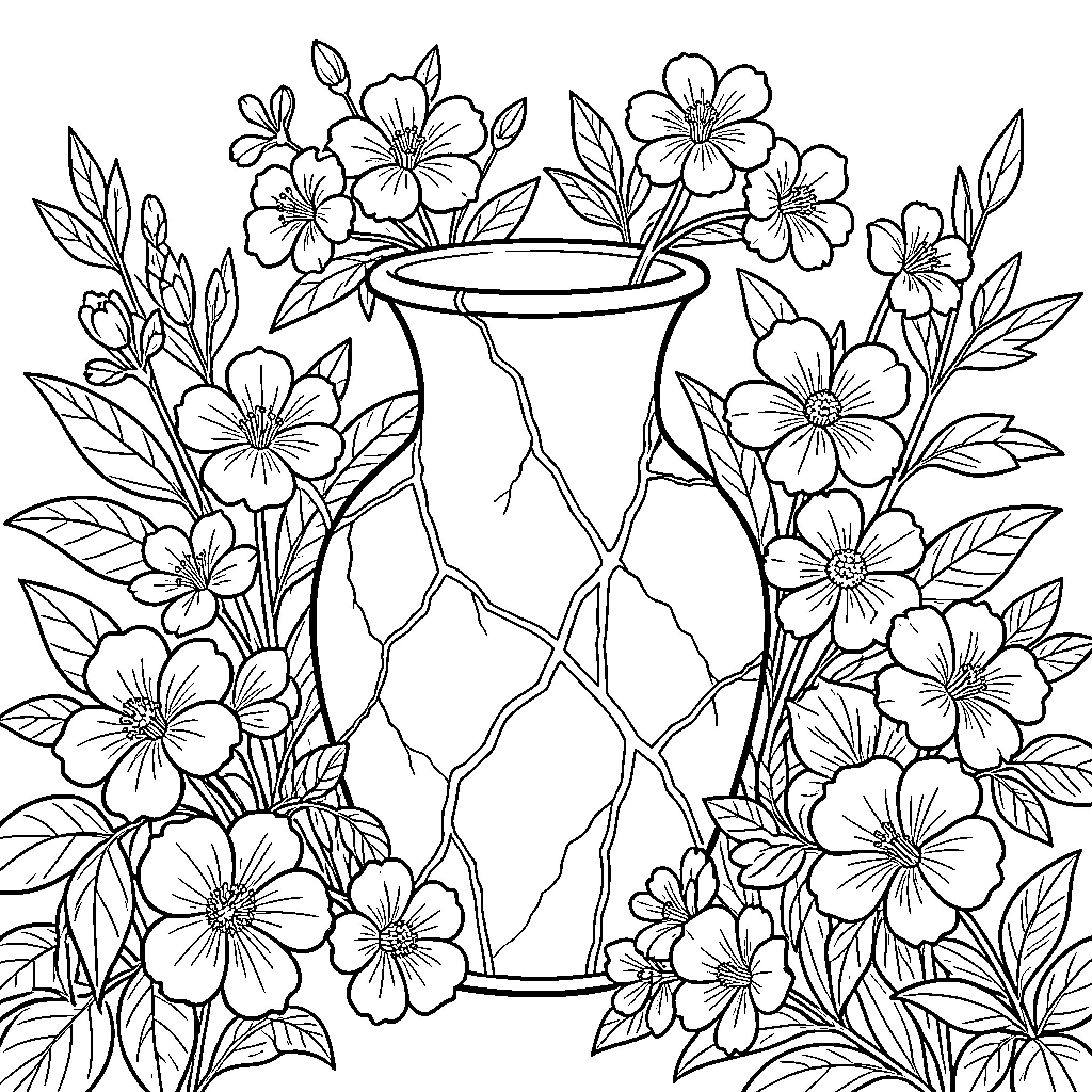 Vase with Flourishing Floral Arrangement Coloring Page (free black-and-white line drawing printable PDF for all, from beginners to advanced learners, including children, teens, adults, and seniors)