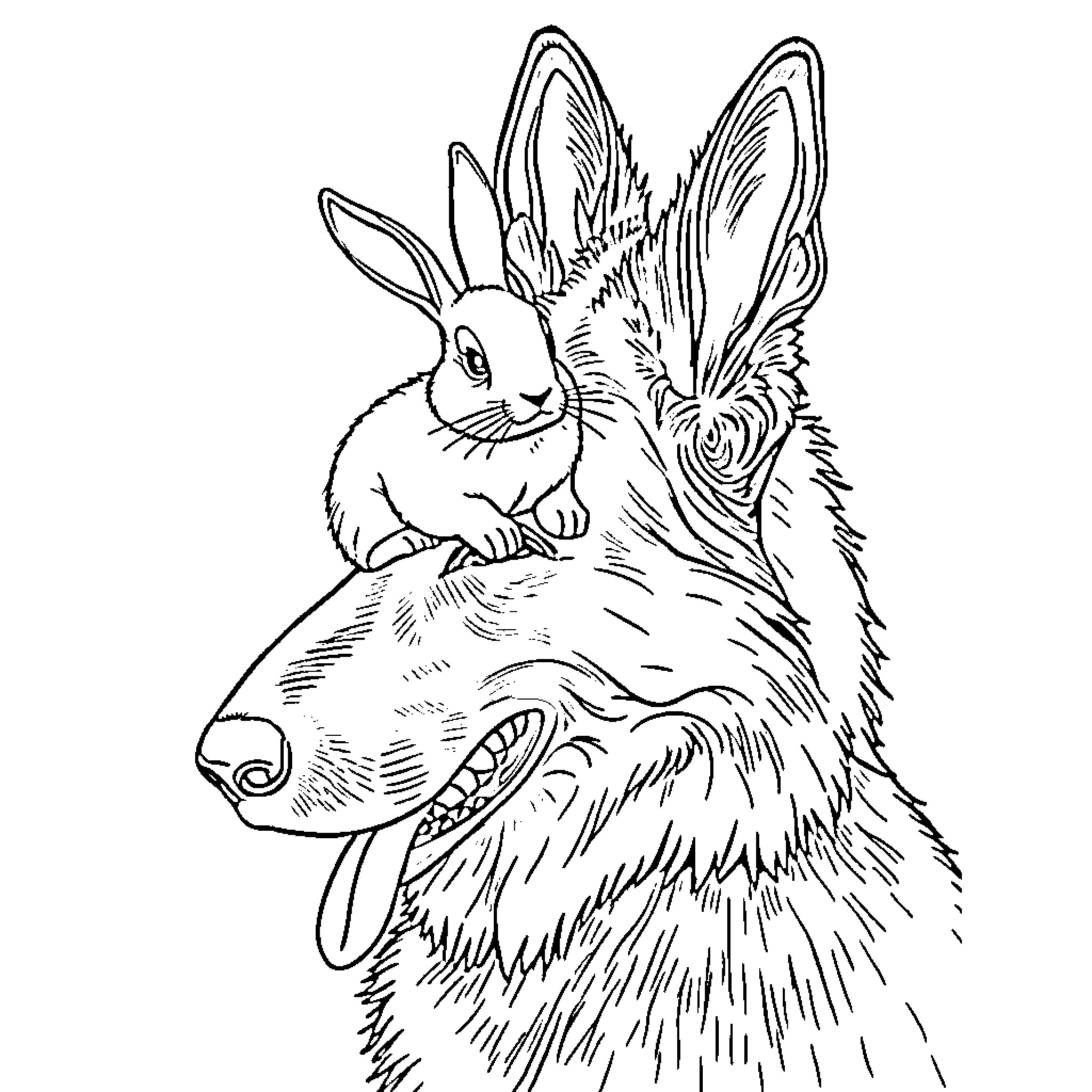 Bunny resting atop a watchful animal companion Coloring Page (free black-and-white line drawing printable PDF for all, from beginners to advanced learners, including children, teens, adults, and seniors)