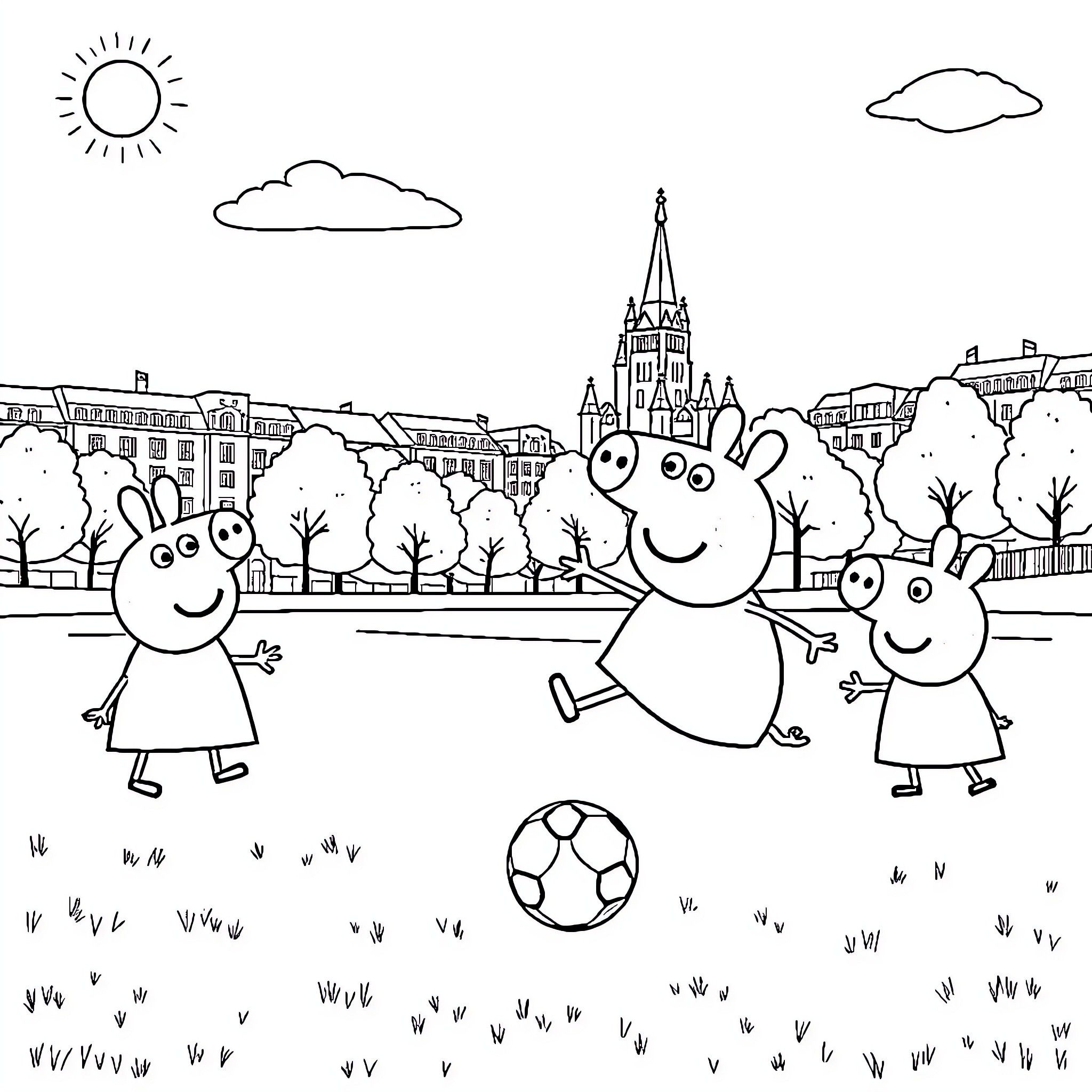 Peppa Pig and friends playing soccer in the park Coloring Page (free black-and-white line drawing printable PDF for all, from beginners to advanced learners, including children, teens, adults, and seniors)
