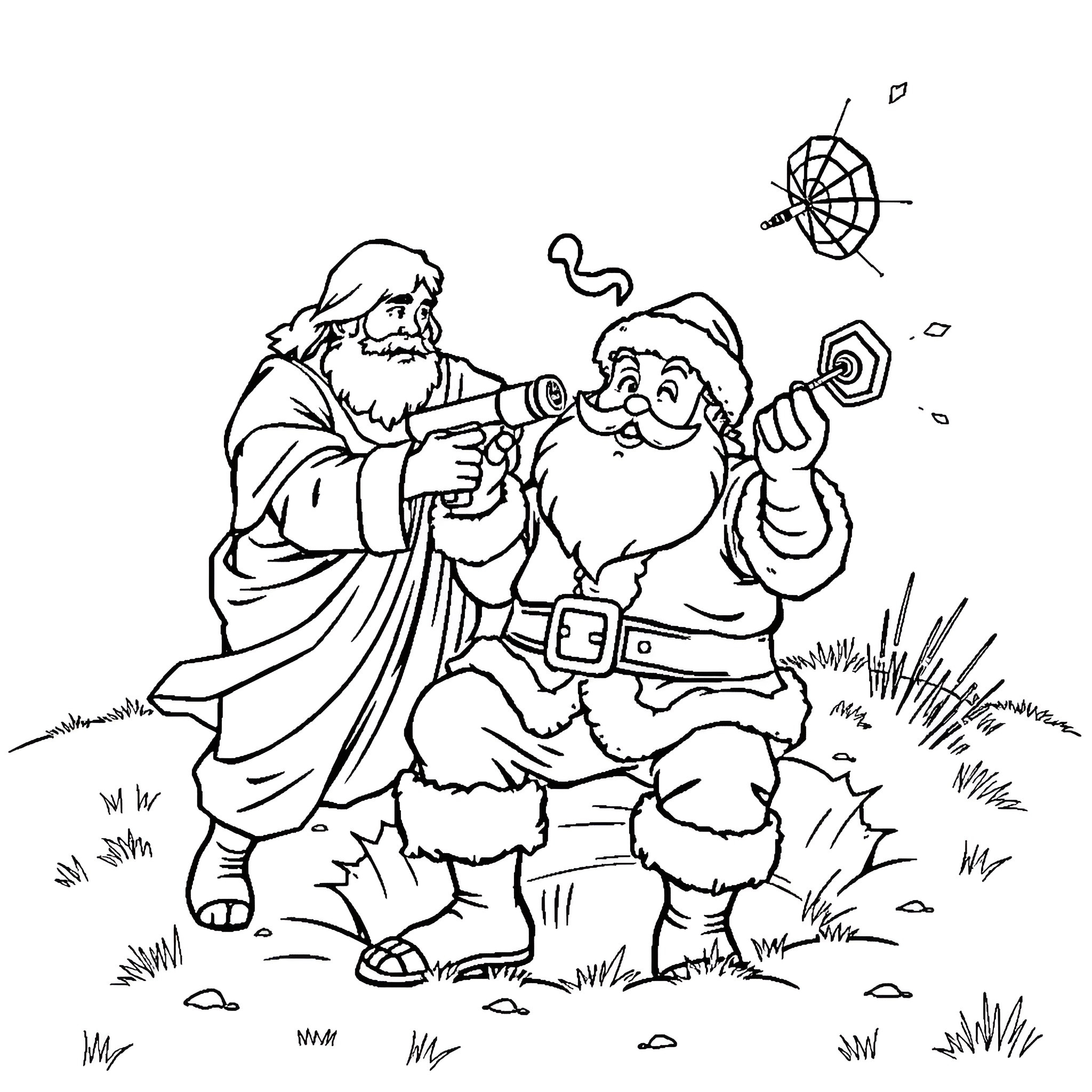 Jesus and Santa Share a Joyful Moment Together Coloring Page (free black-and-white line drawing printable PDF for all, from beginners to advanced learners, including children, teens, adults, and seniors)