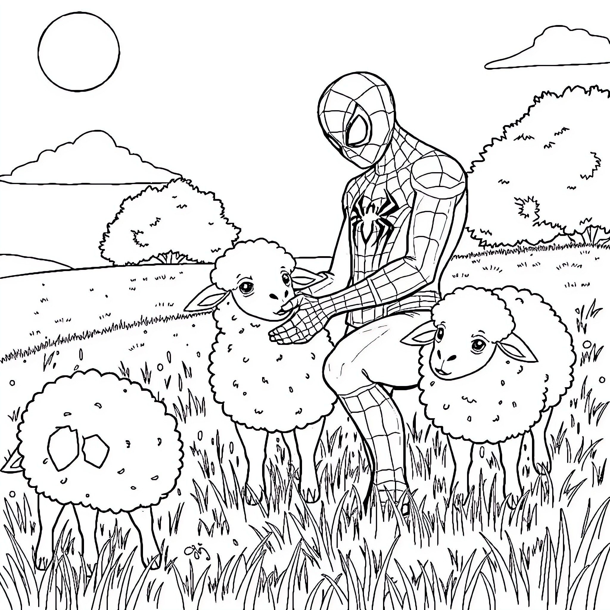 Spider-Man playing with adorable sheep in field Coloring Page (free black-and-white line drawing printable PDF for all, from beginners to advanced learners, including children, teens, adults, and seniors)