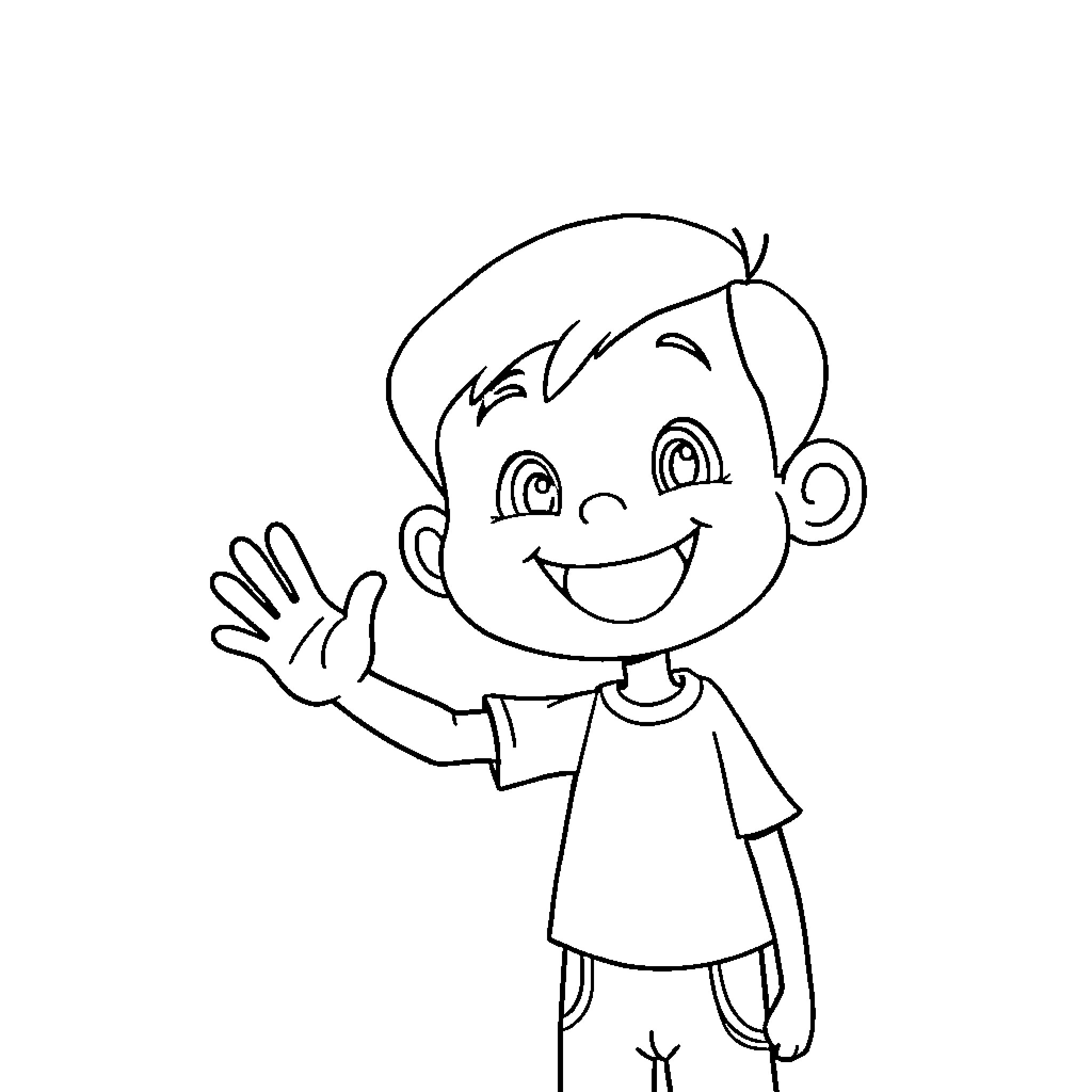 Boy waving and smiling happily Coloring Page (free black-and-white line drawing printable PDF for all, from beginners to advanced learners, including children, teens, adults, and seniors)