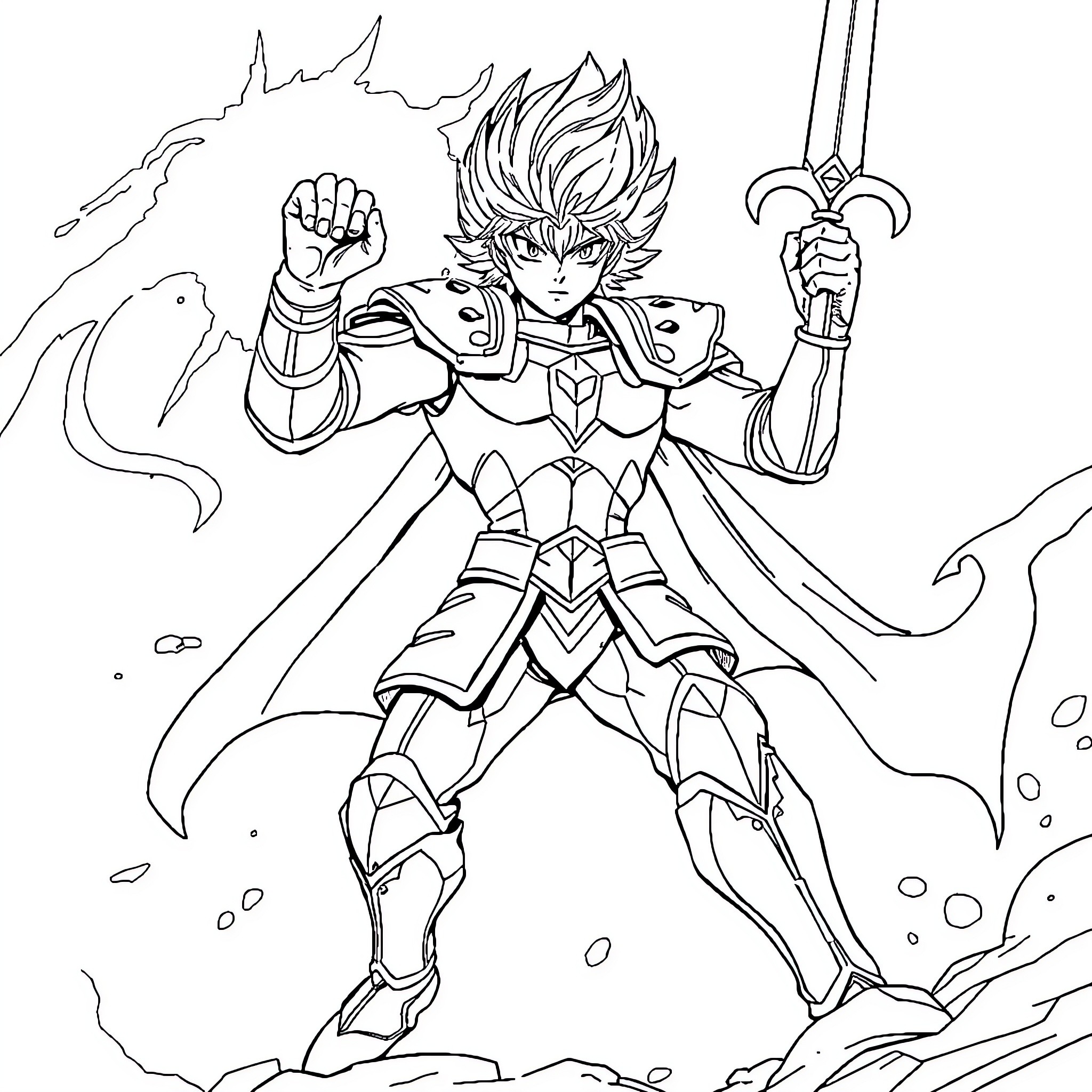 Seiya's Heroic Pose in Fierce Battle Coloring Page (free black-and-white line drawing printable PDF for all, from beginners to advanced learners, including children, teens, adults, and seniors)