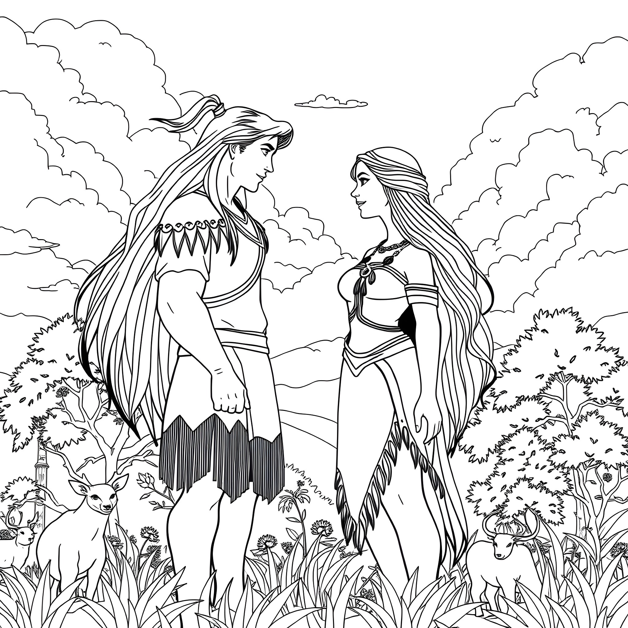 Pocahontas and Pocahontas in nature scenery Coloring Page (free black-and-white line drawing printable PDF for all, from beginners to advanced learners, including children, teens, adults, and seniors)