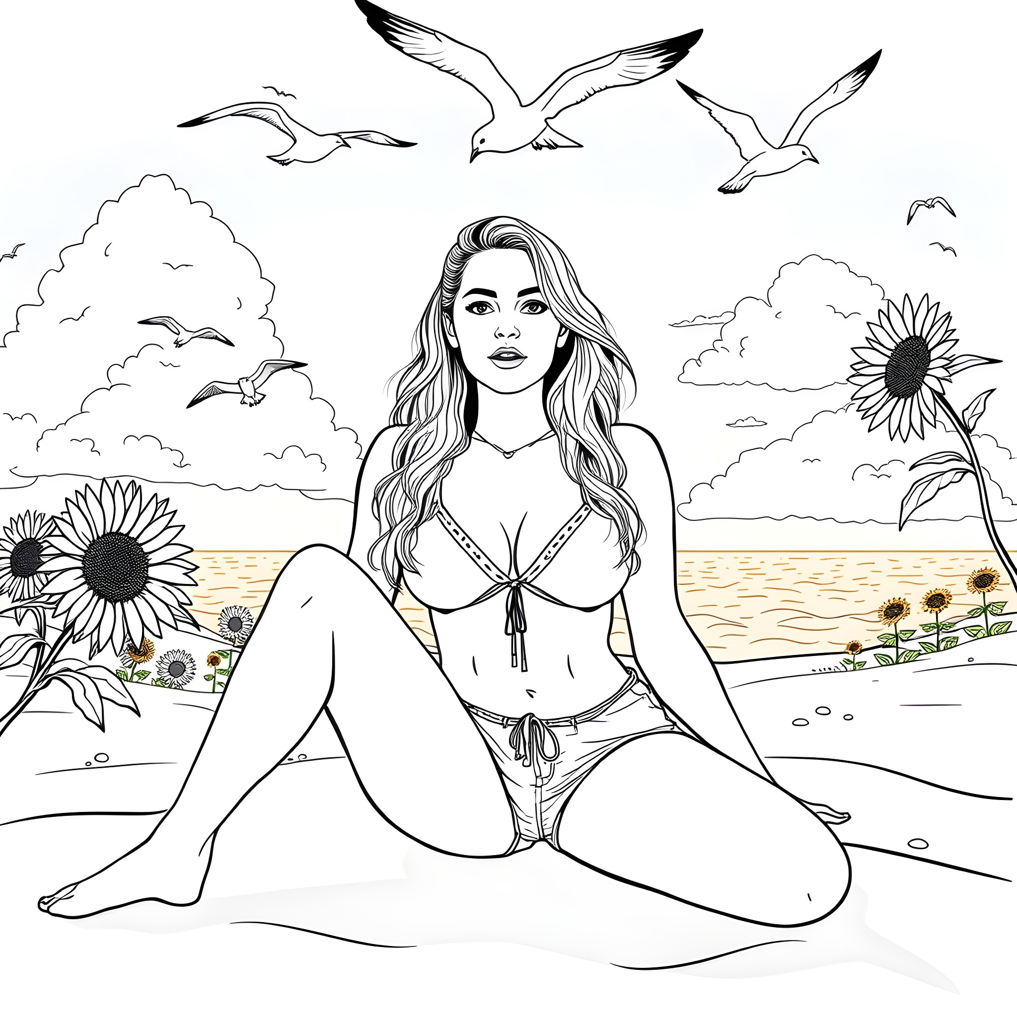 Rhea Ripley posing on the beach with seagulls Coloring Page (free black-and-white line drawing printable PDF for all, from beginners to advanced learners, including children, teens, adults, and seniors)