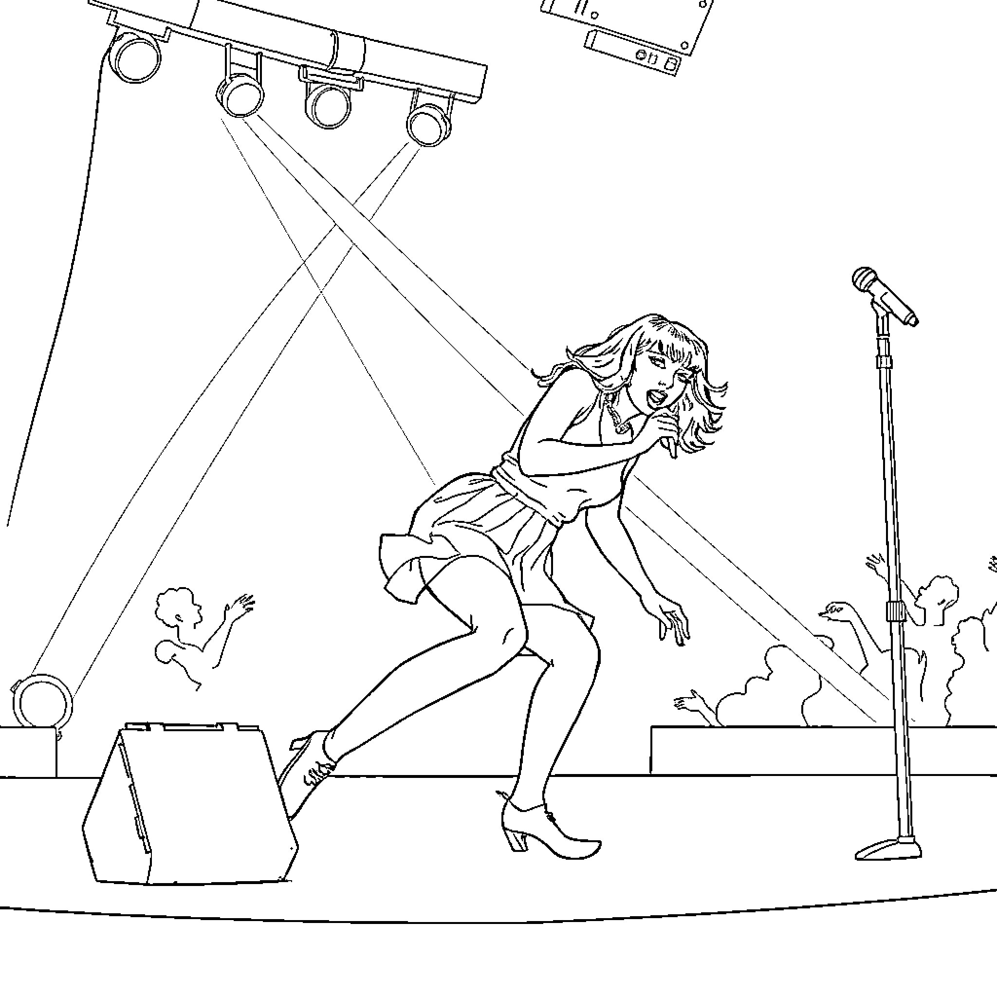 Taylor Swift performing energetically on stage Coloring Page (free black-and-white line drawing printable PDF for all, from beginners to advanced learners, including children, teens, adults, and seniors)