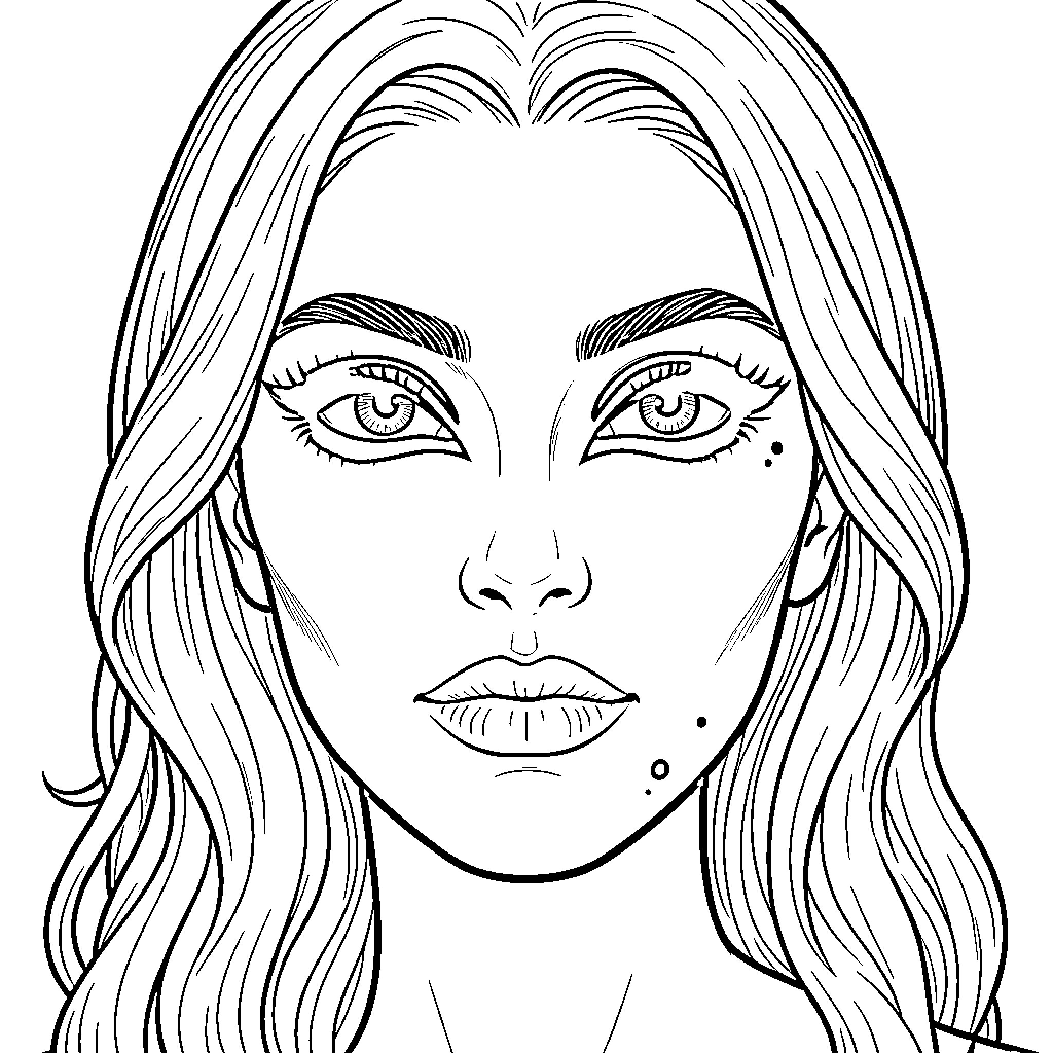 Maquillages - Elegant Woman with Expressive Features Coloring Page (free black-and-white line drawing printable PDF for all, from beginners to advanced learners, including children, teens, adults, and seniors)