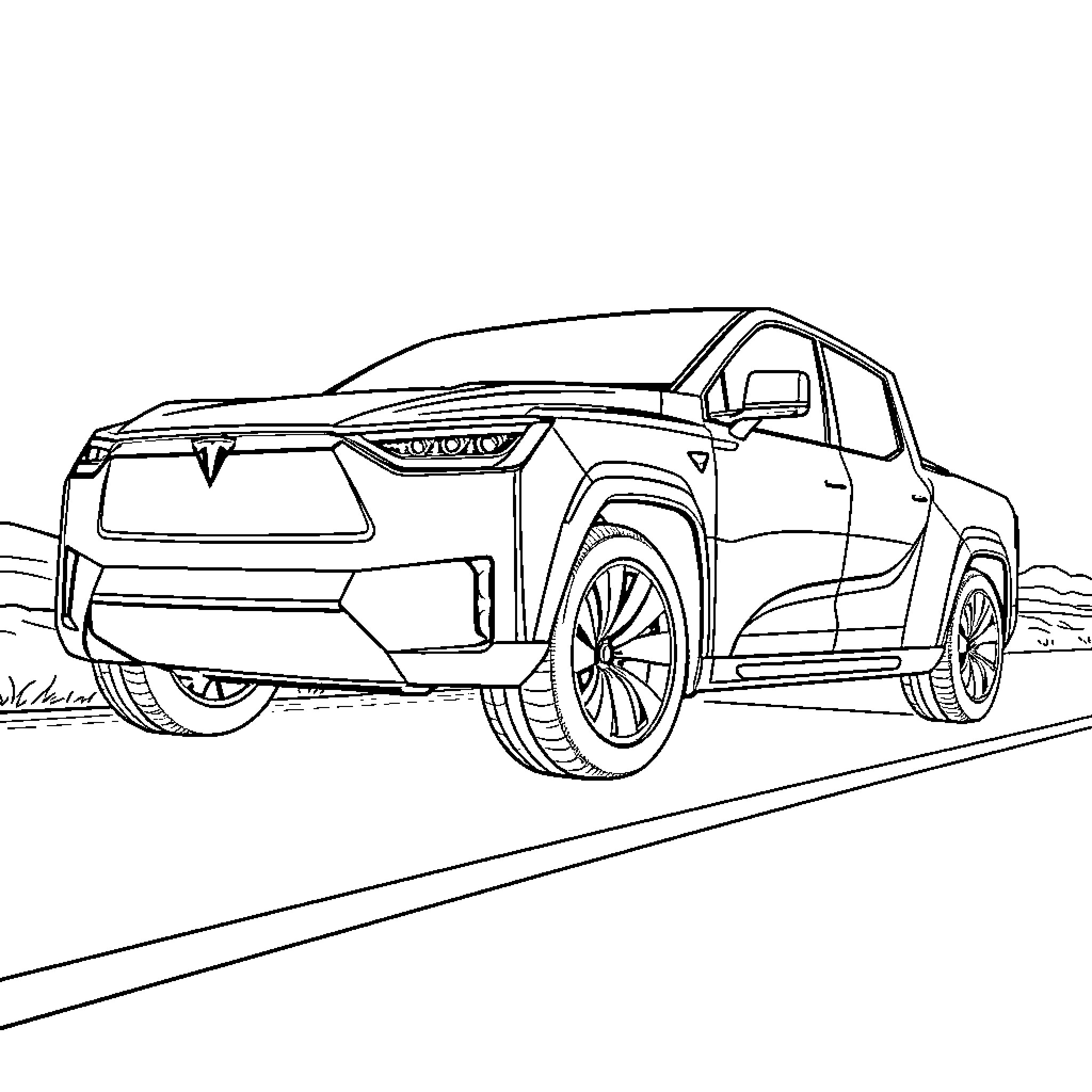 Tesla electric truck on the road Coloring Page (free black-and-white line drawing printable PDF for all, from beginners to advanced learners, including children, teens, adults, and seniors)