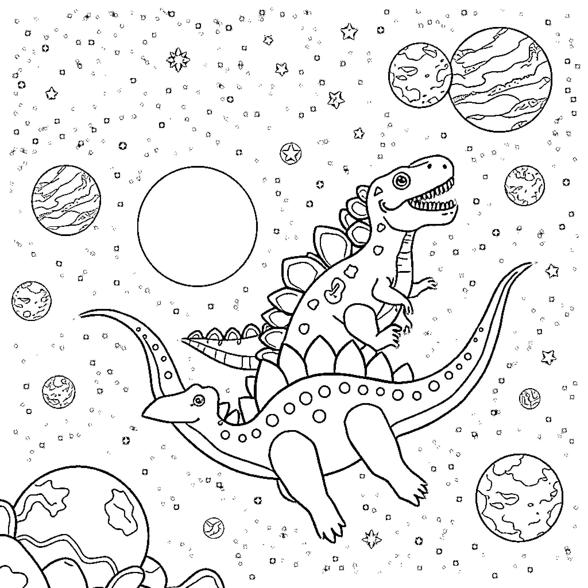 Dinosaur exploring the cosmic universe Coloring Page (free black-and-white line drawing printable PDF for all, from beginners to advanced learners, including children, teens, adults, and seniors)