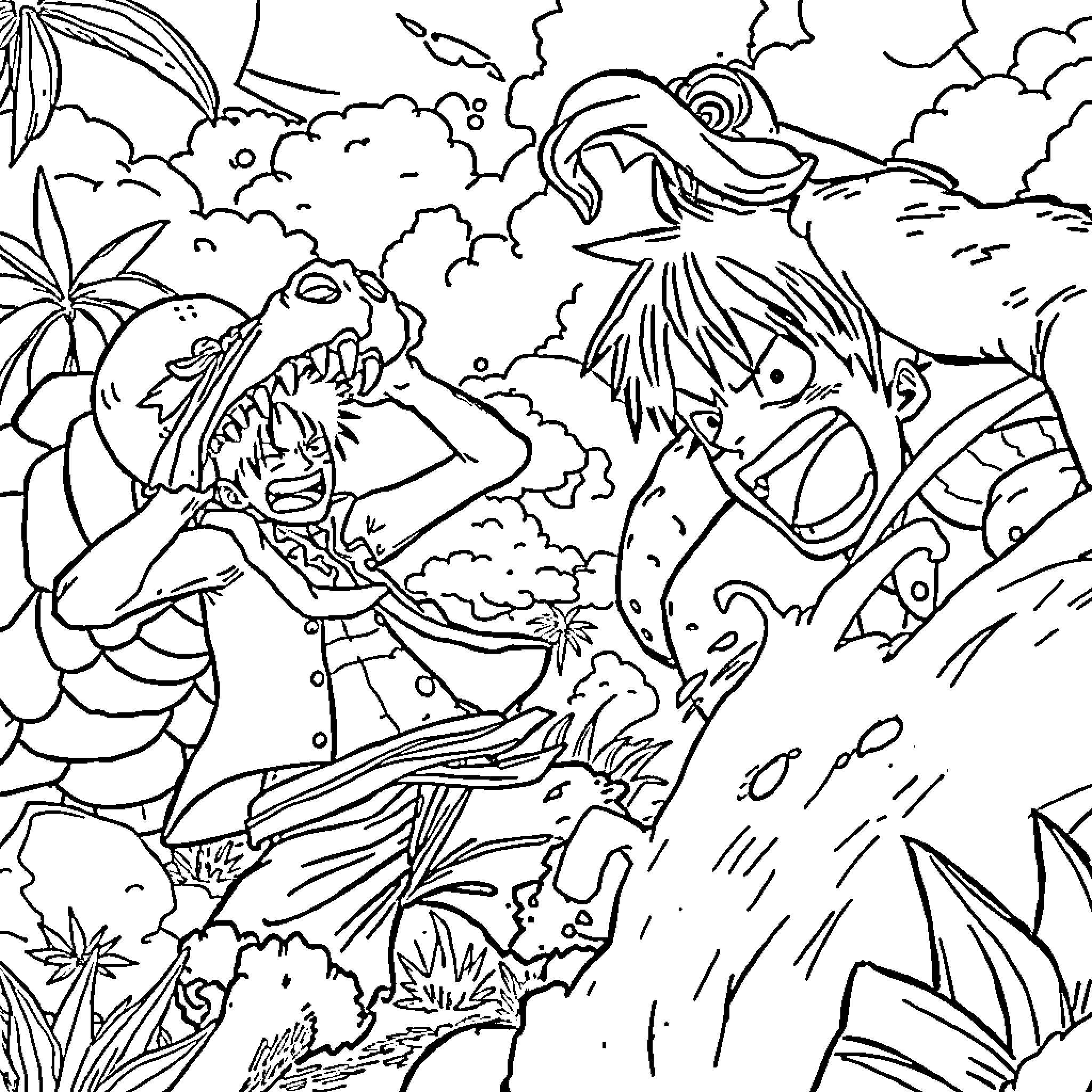 Luffy's Tropical Adventure in the Jungle Coloring Page (free black-and-white line drawing printable PDF for all, from beginners to advanced learners, including children, teens, adults, and seniors)