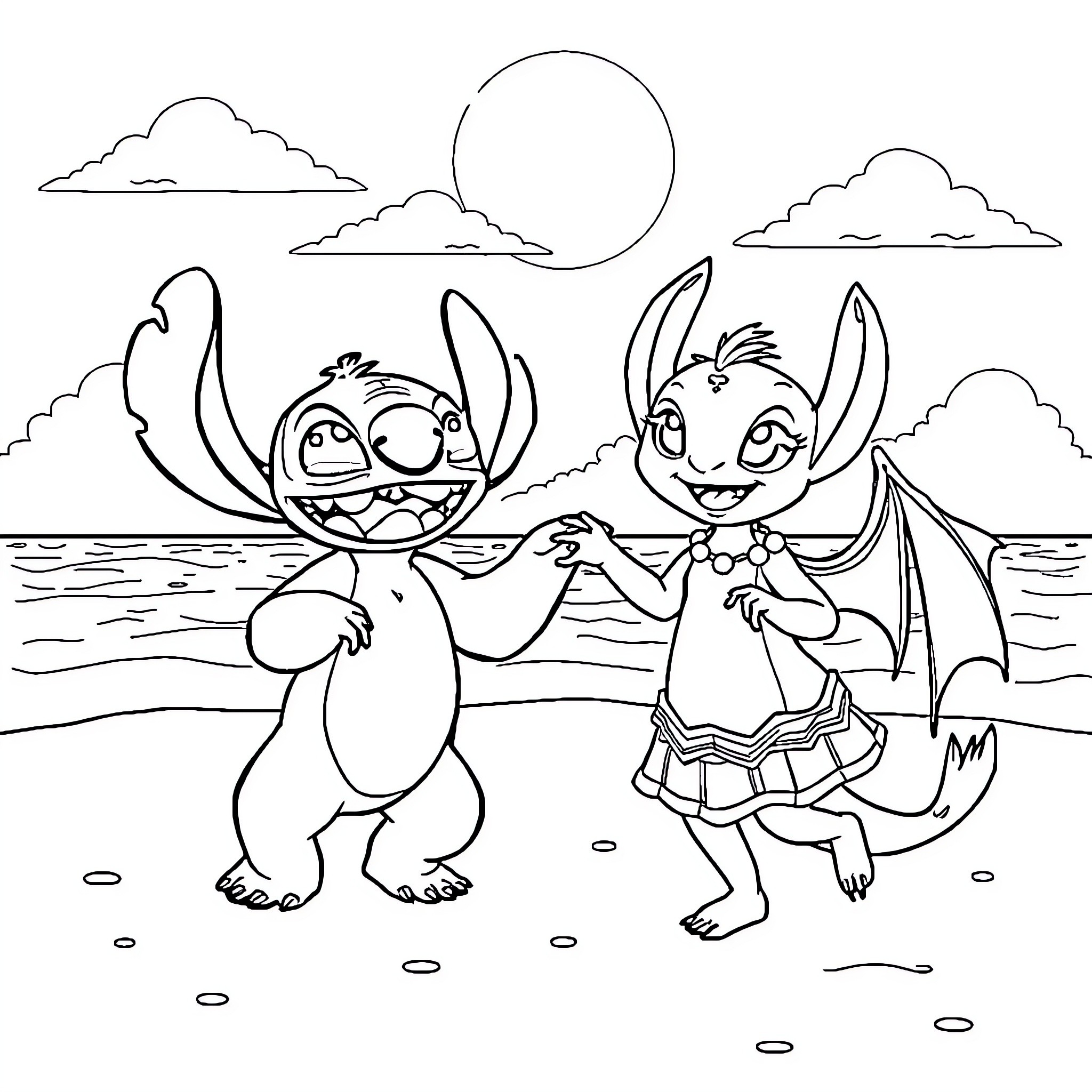 Stitch and Angel Playing on the Beach Coloring Page (free black-and-white line drawing printable PDF for all, from beginners to advanced learners, including children, teens, adults, and seniors)