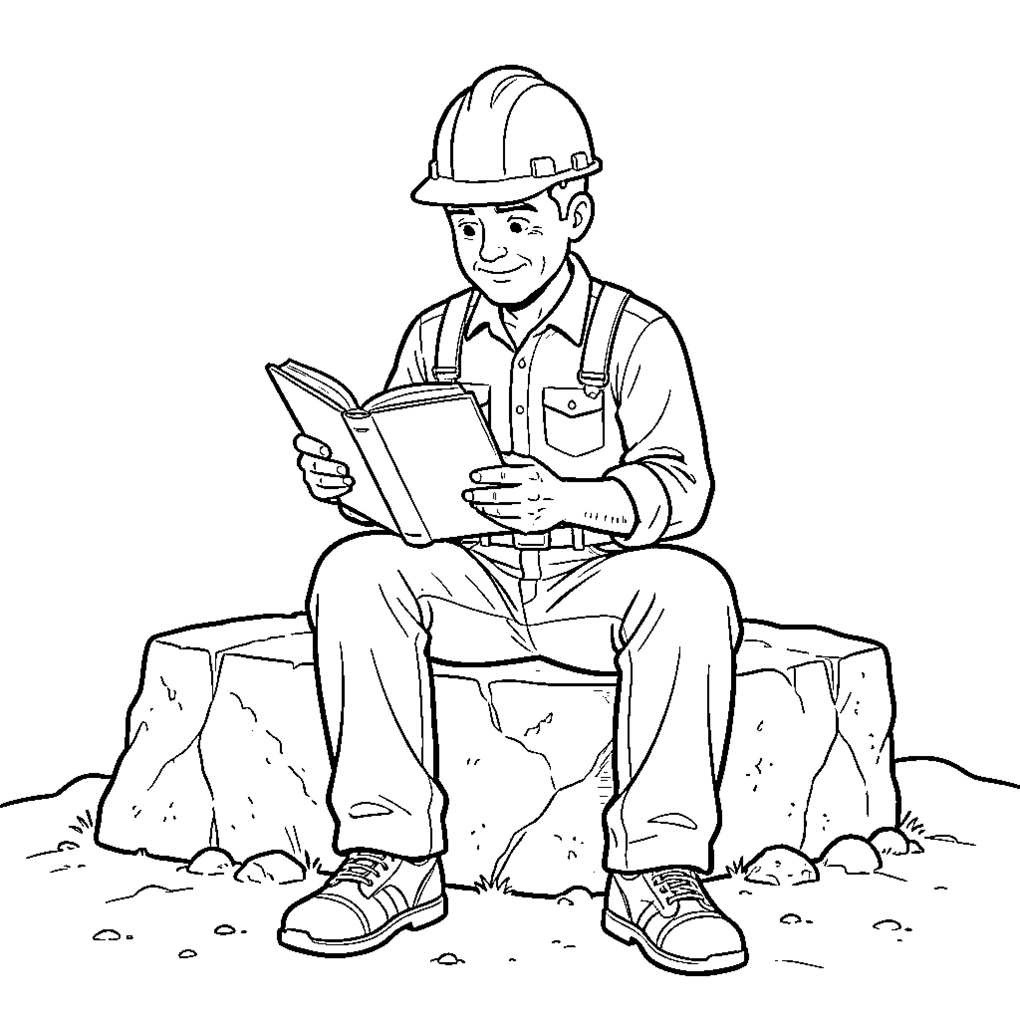 Mason wearing a hard hat reading a book Coloring Page (free black-and-white line drawing printable PDF for all, from beginners to advanced learners, including children, teens, adults, and seniors)