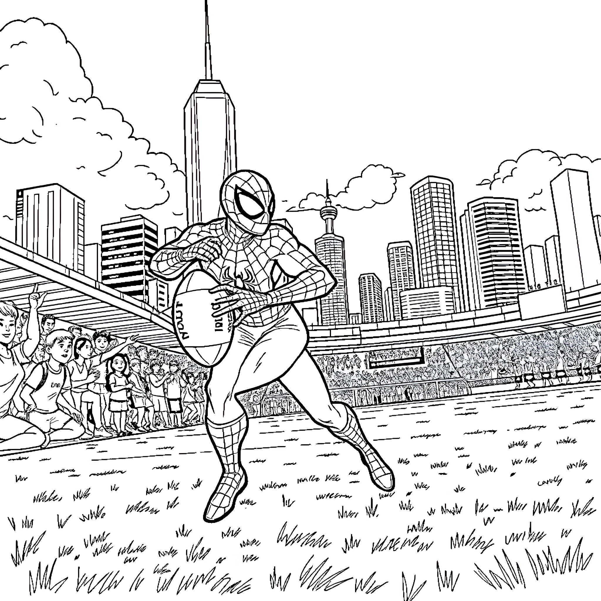 Spiderman poses heroically in the city landscape Coloring Page (free black-and-white line drawing printable PDF for all, from beginners to advanced learners, including children, teens, adults, and seniors)