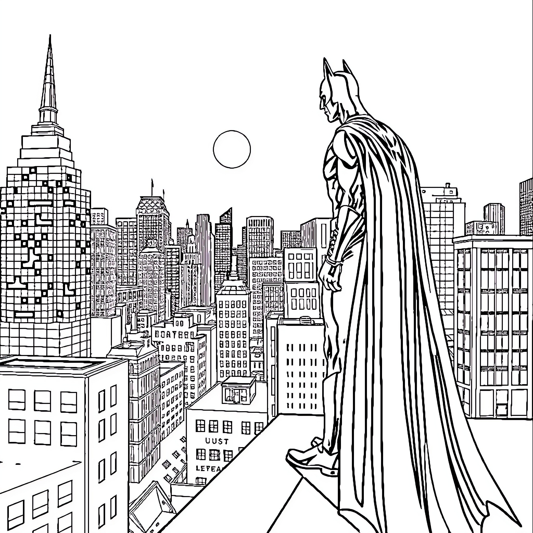 Batman overlooking the city at night Coloring Page (free black-and-white line drawing printable PDF for all, from beginners to advanced learners, including children, teens, adults, and seniors)