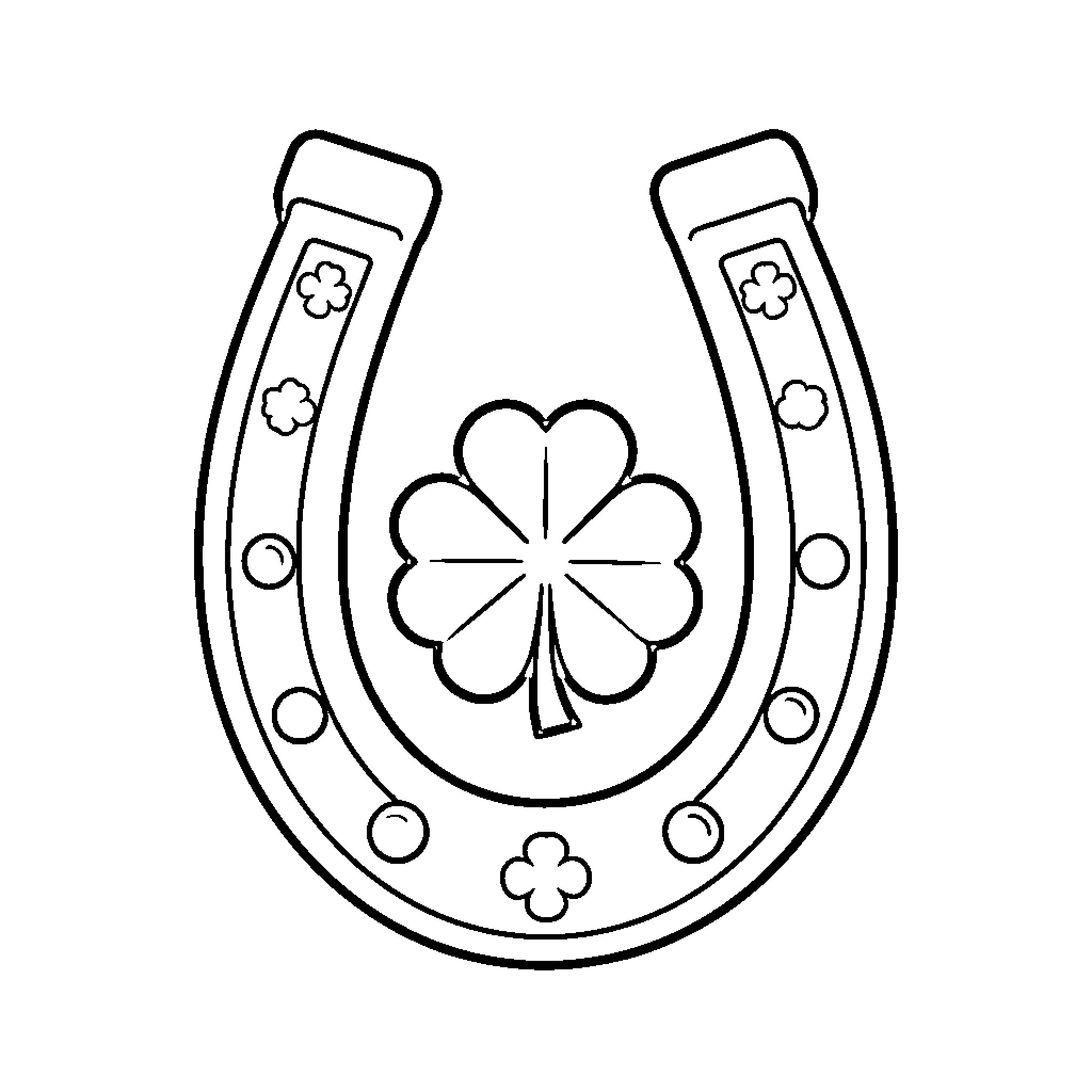 Horseshoe surrounding a lucky four leaf clover Coloring Page (free black-and-white line drawing printable PDF for all, from beginners to advanced learners, including children, teens, adults, and seniors)