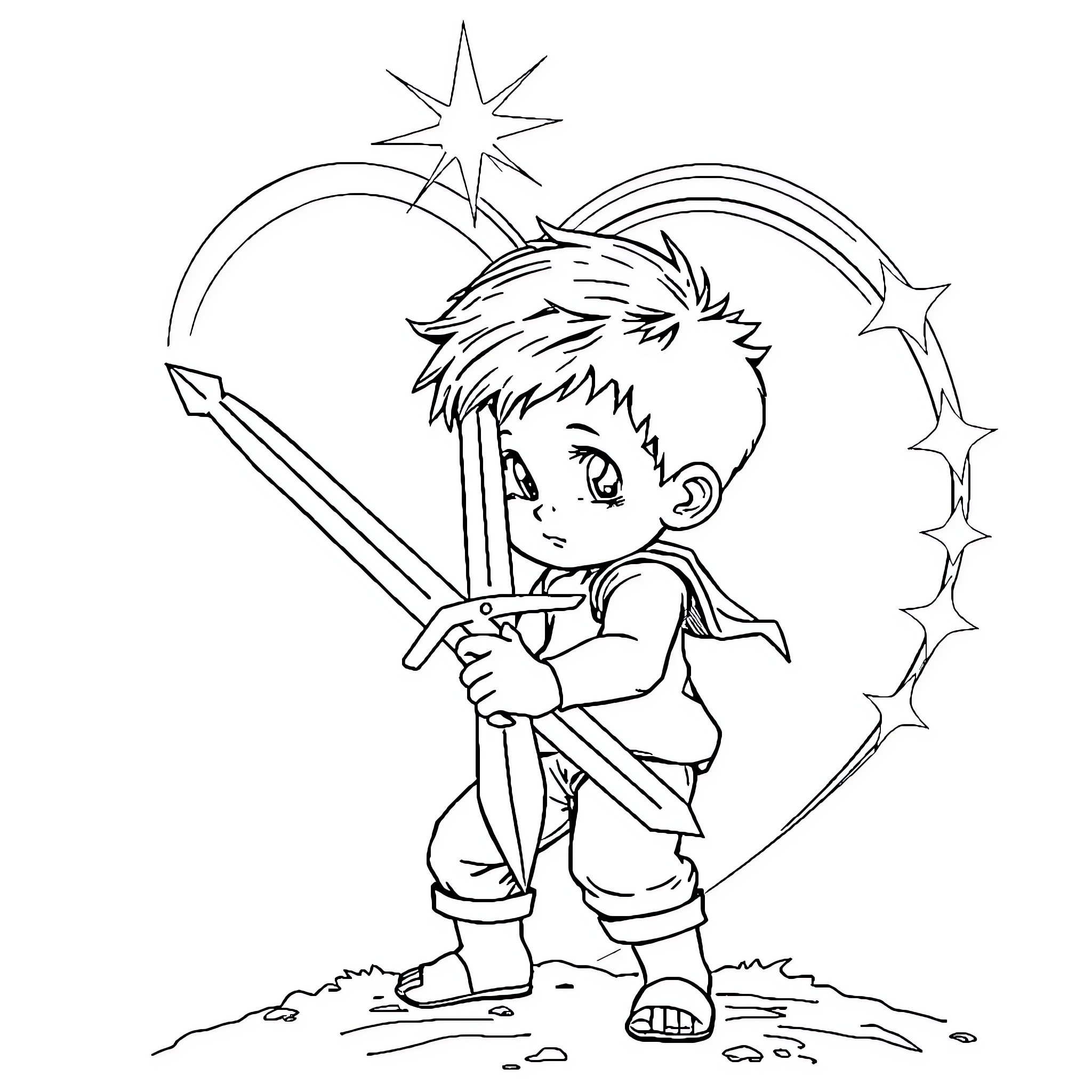Sword-wielding boy adventures under starry sky Coloring Page (free black-and-white line drawing printable PDF for all, from beginners to advanced learners, including children, teens, adults, and seniors)