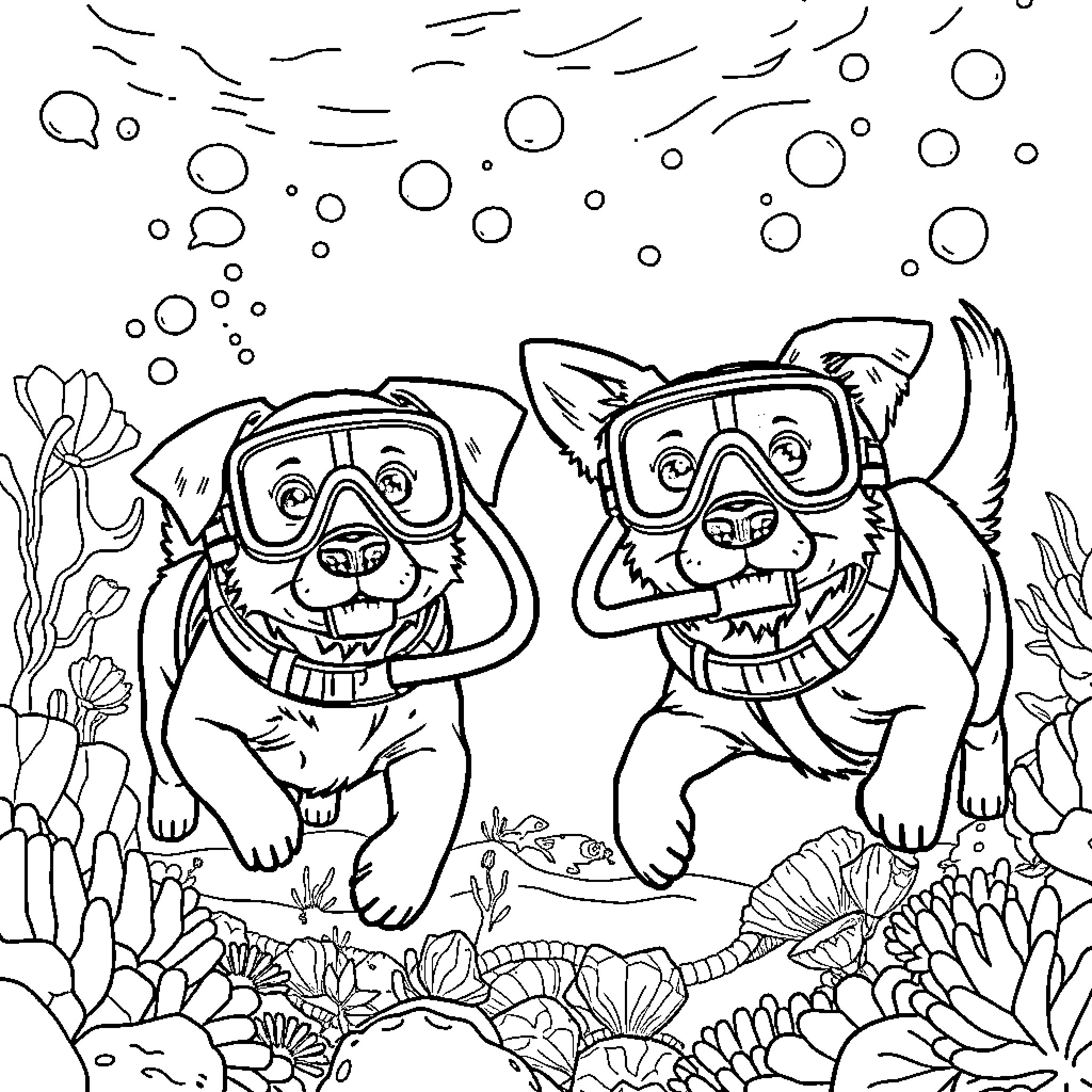 Dogs playing underwater with scuba gear Coloring Page (free black-and-white line drawing printable PDF for all, from beginners to advanced learners, including children, teens, adults, and seniors)
