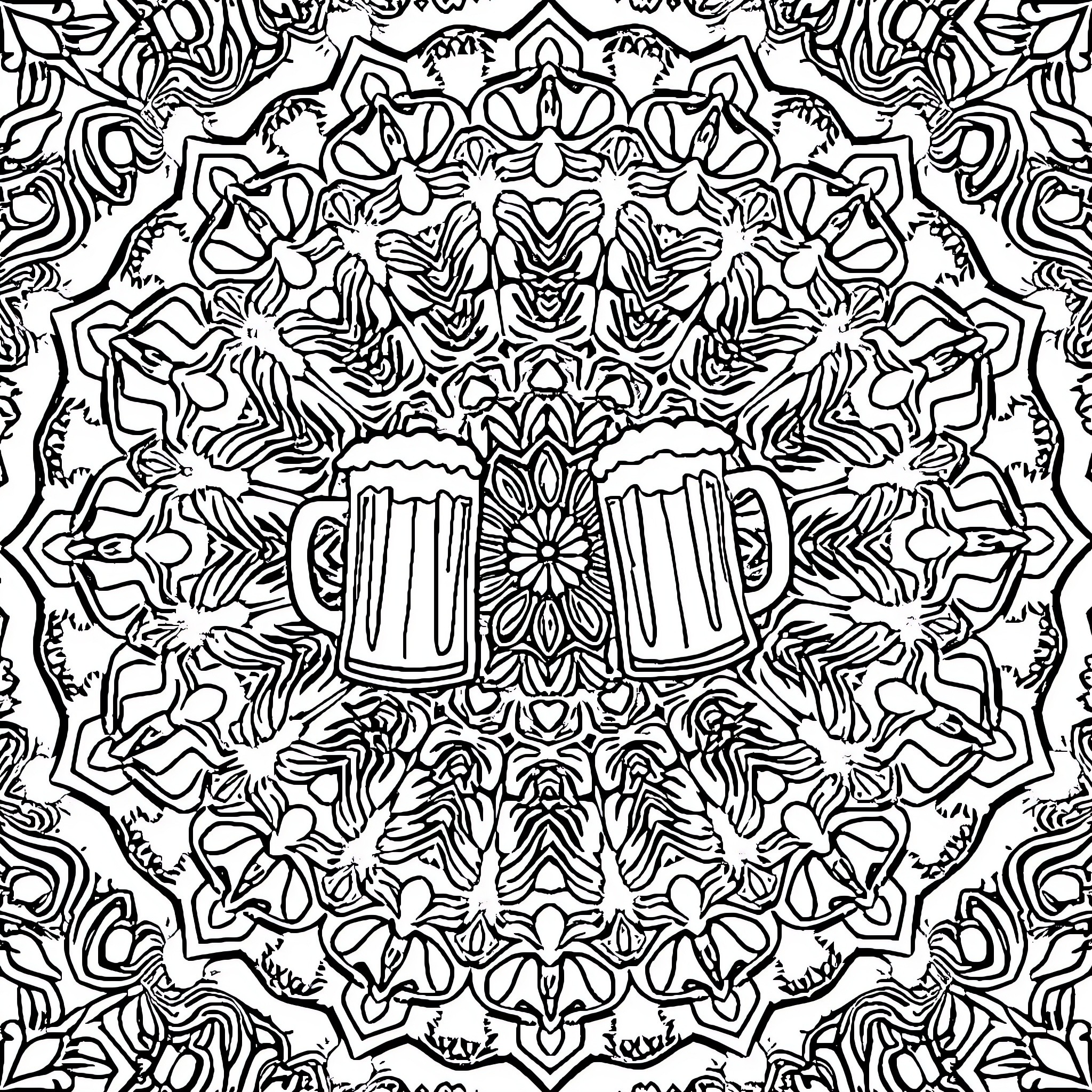 Beer Mug in a Floral Kaleidoscopic Pattern Coloring Page (free black-and-white line drawing printable PDF for all, from beginners to advanced learners, including children, teens, adults, and seniors)