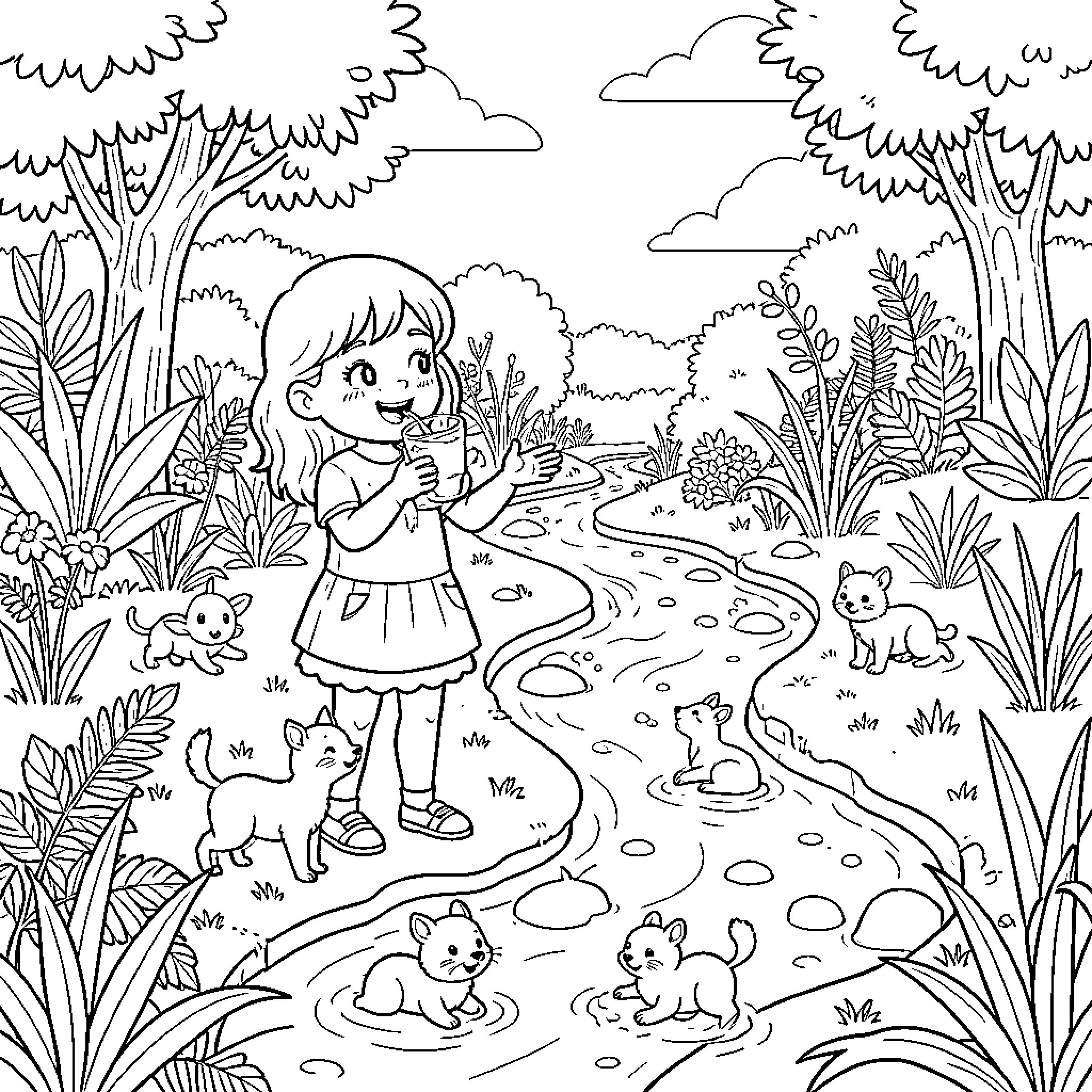 Girl exploring the enchanting forest with her animal friends Coloring Page (free black-and-white line drawing printable PDF for all, from beginners to advanced learners, including children, teens, adults, and seniors)