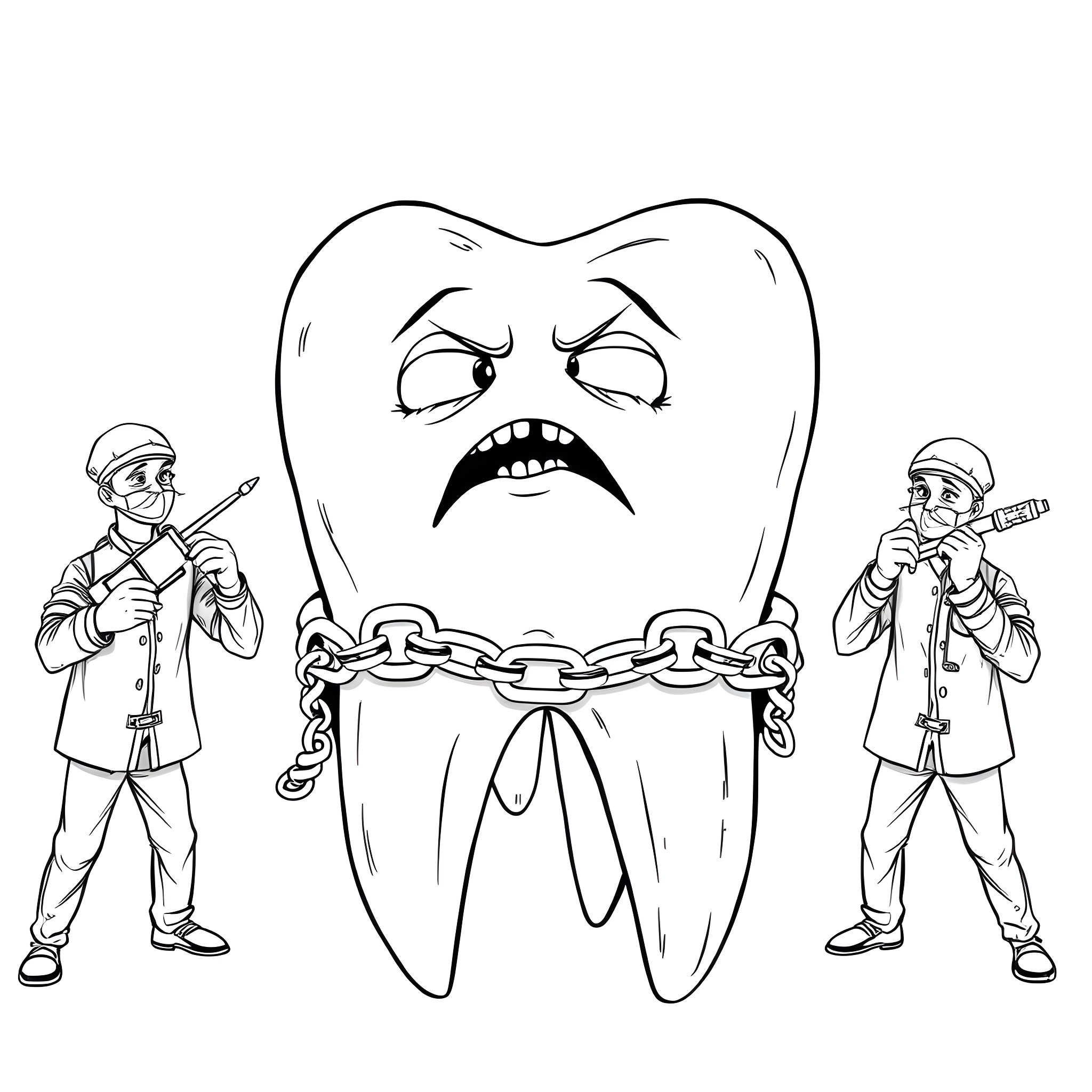 Tooth Held Captive by Dentists Coloring Page (free black-and-white line drawing printable PDF for all, from beginners to advanced learners, including children, teens, adults, and seniors)