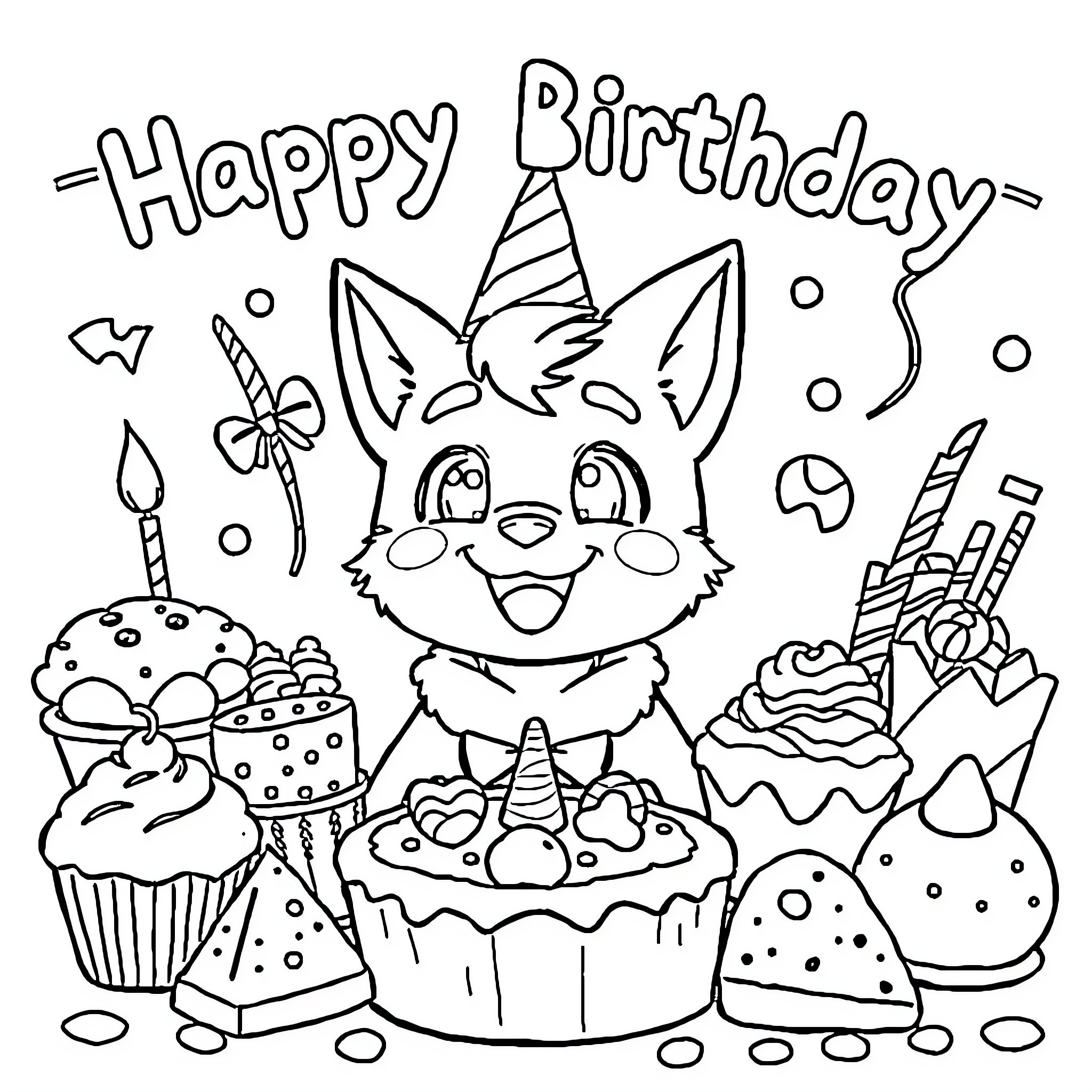 Kuromi's Festive Birthday Celebration Coloring Page (free black-and-white line drawing printable PDF for all, from beginners to advanced learners, including children, teens, adults, and seniors)