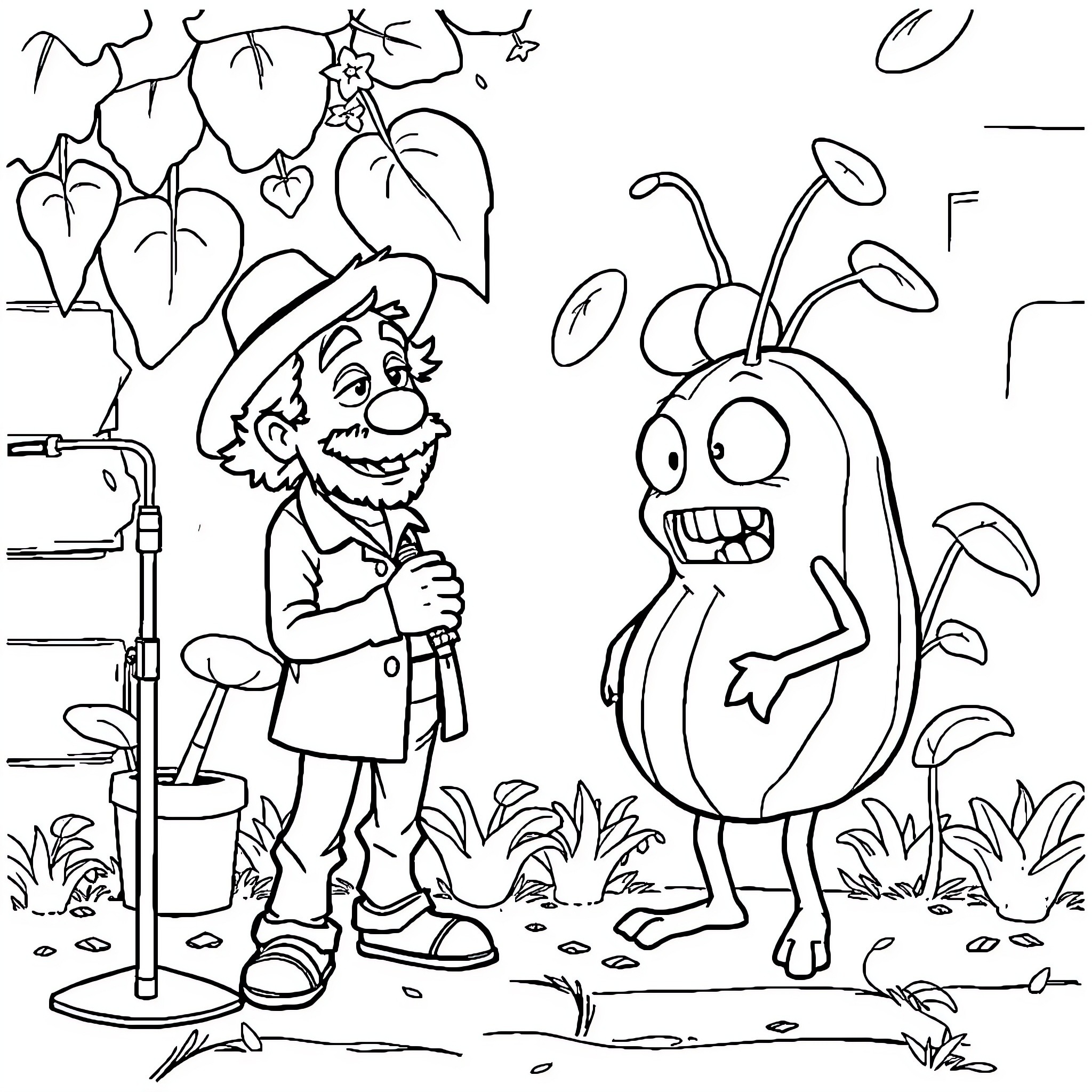 Caparezza's Quirky Encounter with a Whimsical Creature Coloring Page (free black-and-white line drawing printable PDF for all, from beginners to advanced learners, including children, teens, adults, and seniors)