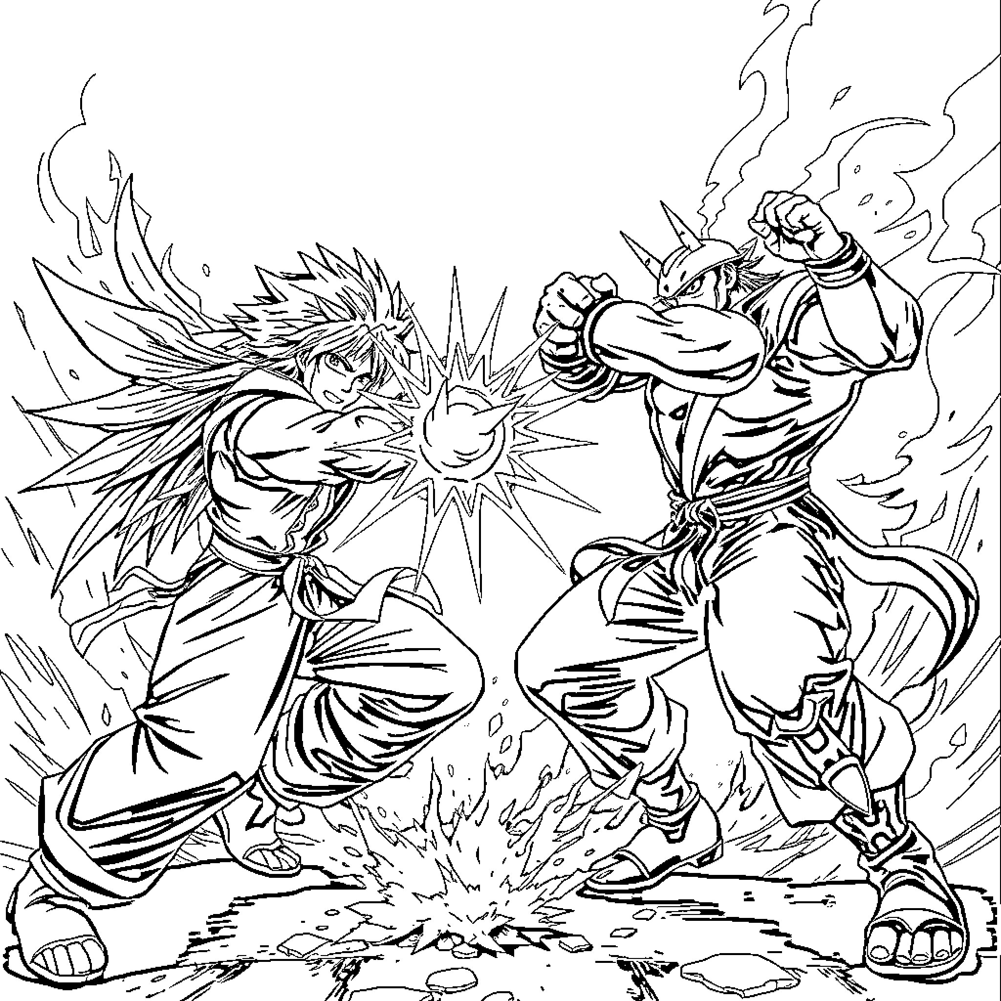 Fantasy Epic Battle of Powerful Warrior Figures Coloring Page (free black-and-white line drawing printable PDF for all, from beginners to advanced learners, including children, teens, adults, and seniors)