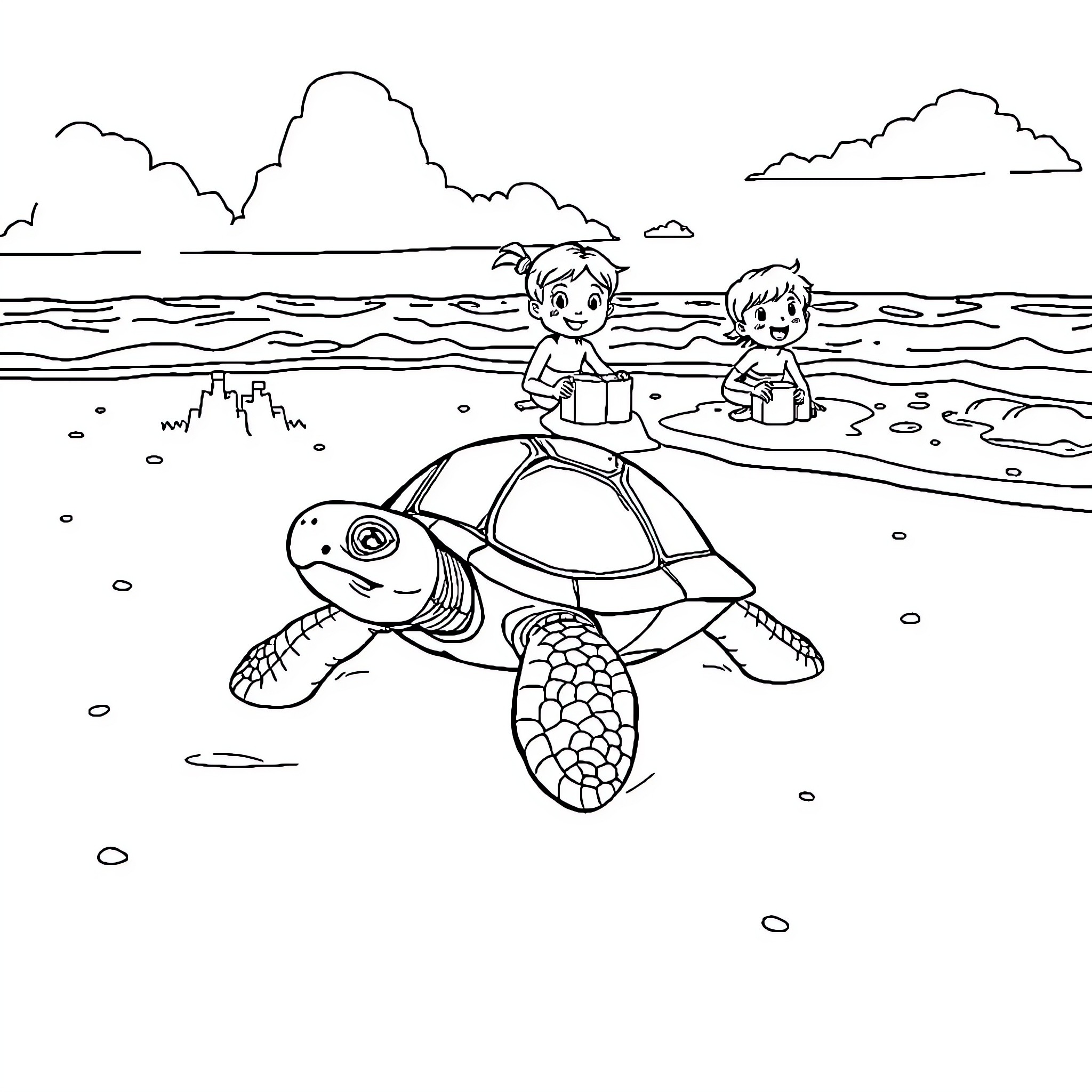Turtle enjoying the beach with children Coloring Page (free black-and-white line drawing printable PDF for all, from beginners to advanced learners, including children, teens, adults, and seniors)
