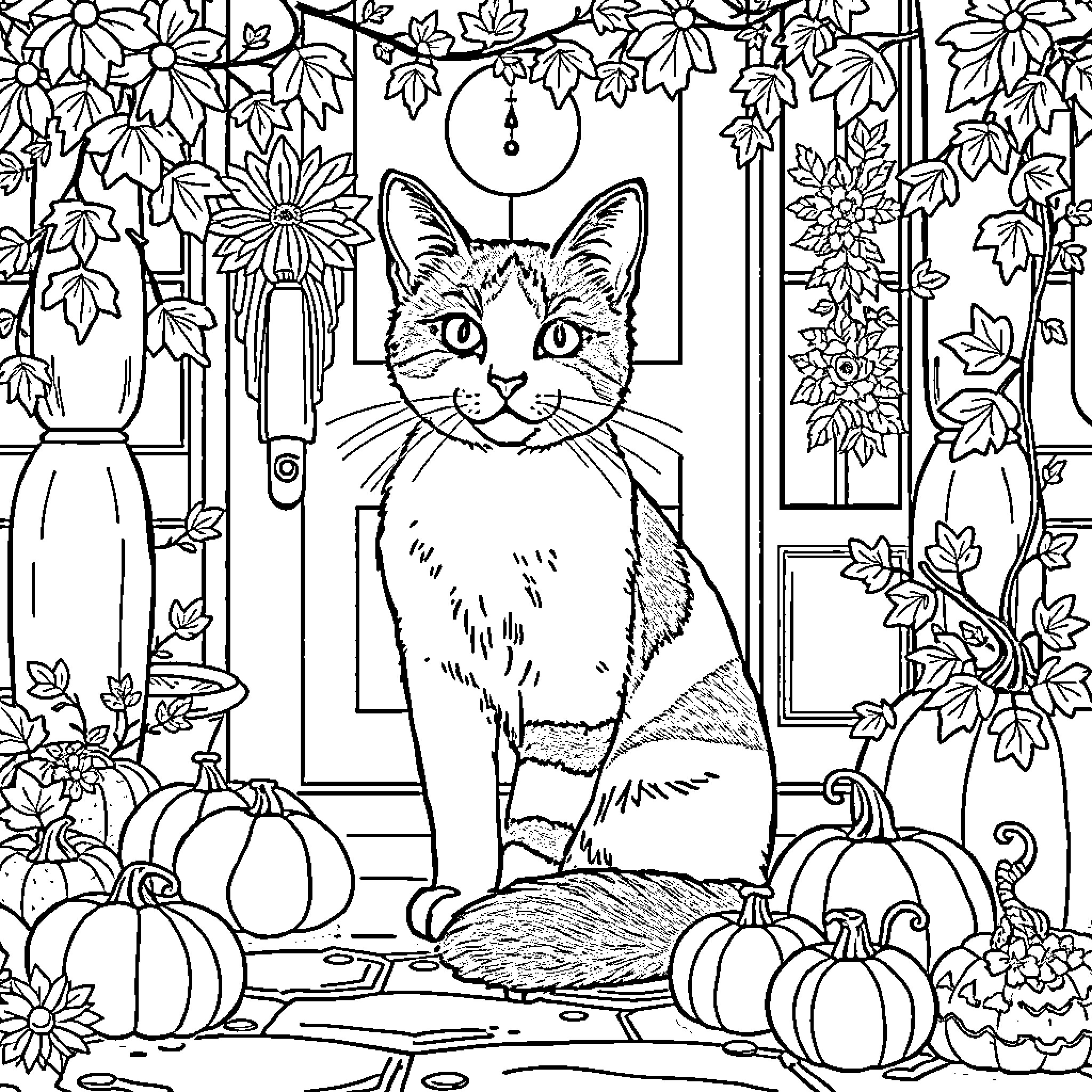 Calico Cat amidst Autumn Decorations Coloring Page (free black-and-white line drawing printable PDF for all, from beginners to advanced learners, including children, teens, adults, and seniors)