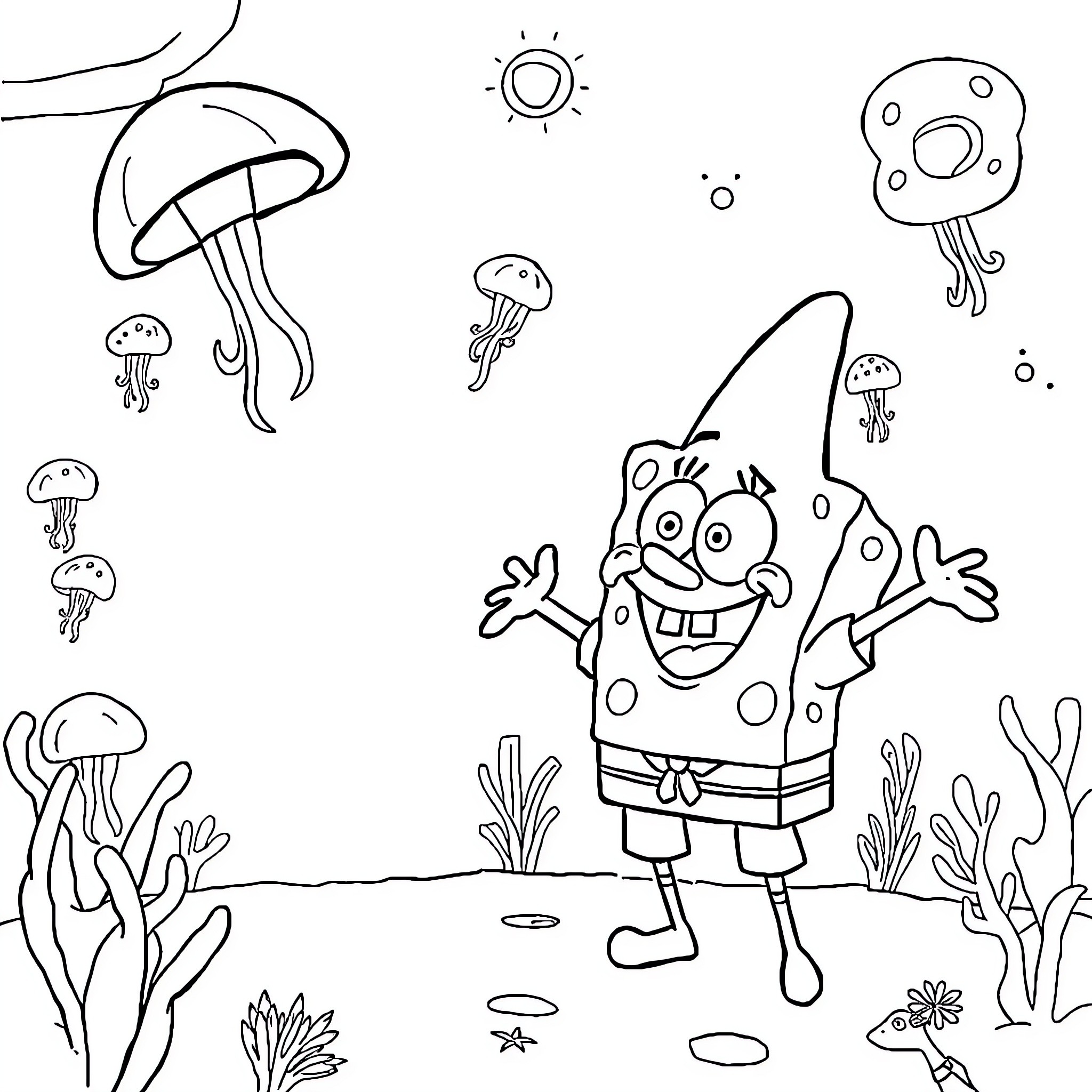 Spongebob enjoying underwater adventure with jellyfish Coloring Page (free black-and-white line drawing printable PDF for all, from beginners to advanced learners, including children, teens, adults, and seniors)