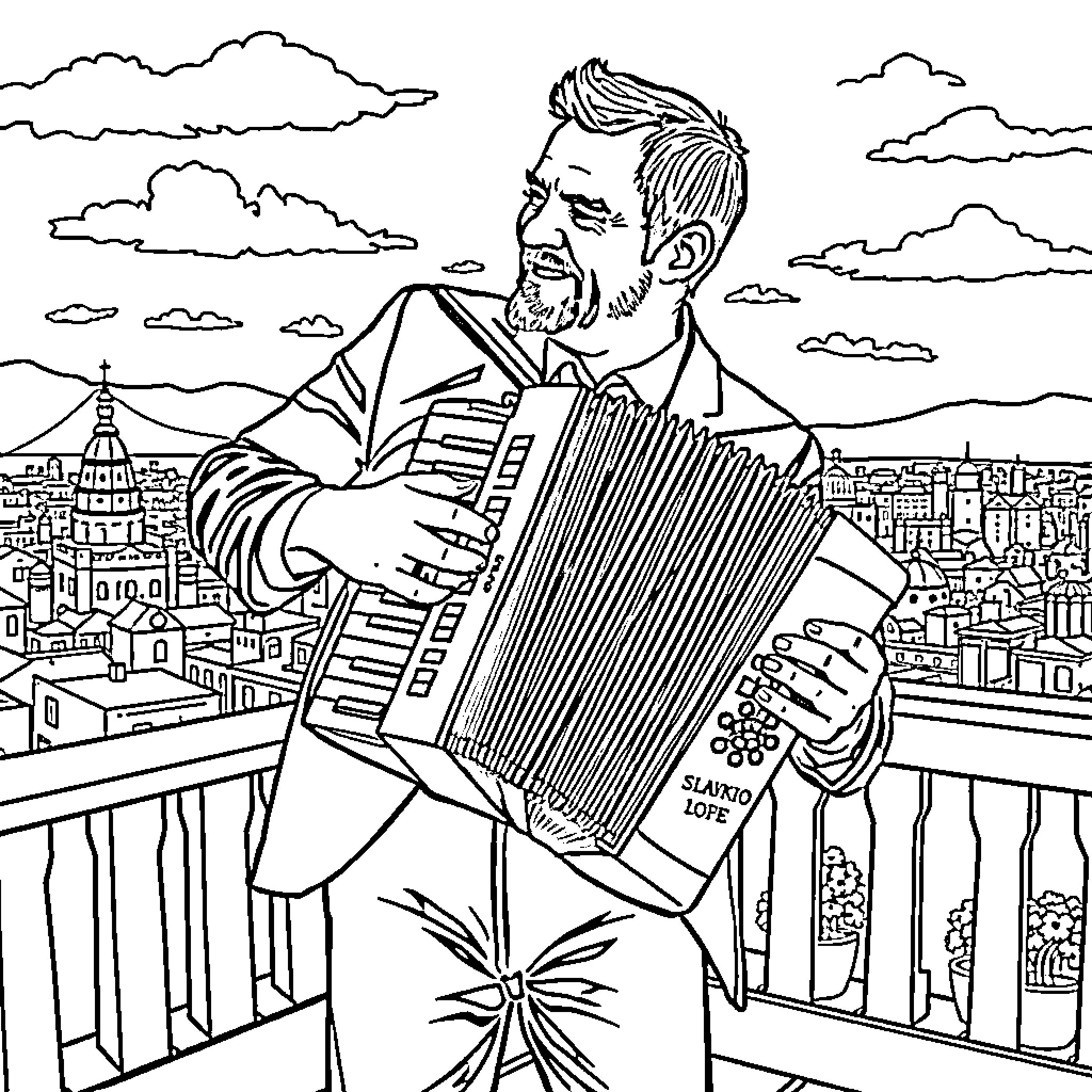 Slavko Avsenik playing accordion on balcony overlooking city Coloring Page (free black-and-white line drawing printable PDF for all, from beginners to advanced learners, including children, teens, adults, and seniors)