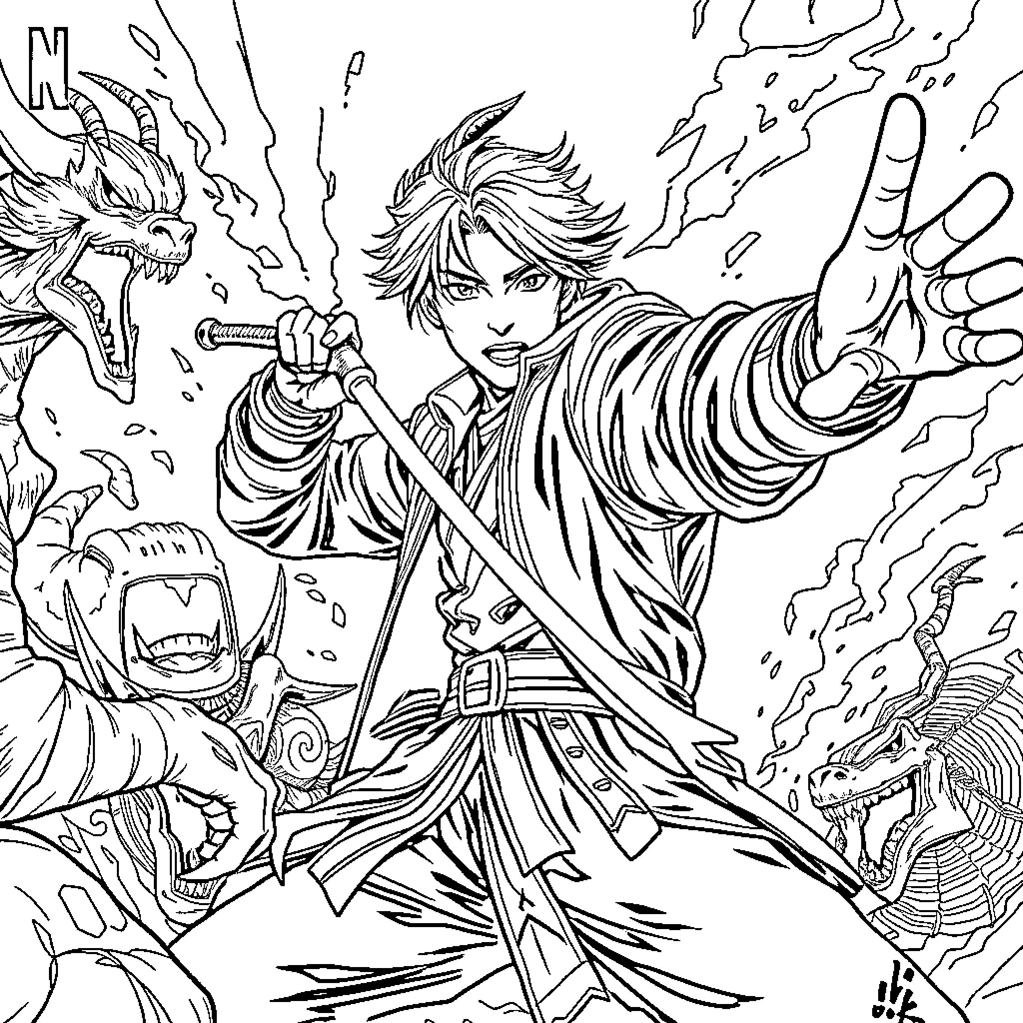 Rumi's Heroic Battle against Mythical Creatures Coloring Page (free black-and-white line drawing printable PDF for all, from beginners to advanced learners, including children, teens, adults, and seniors)