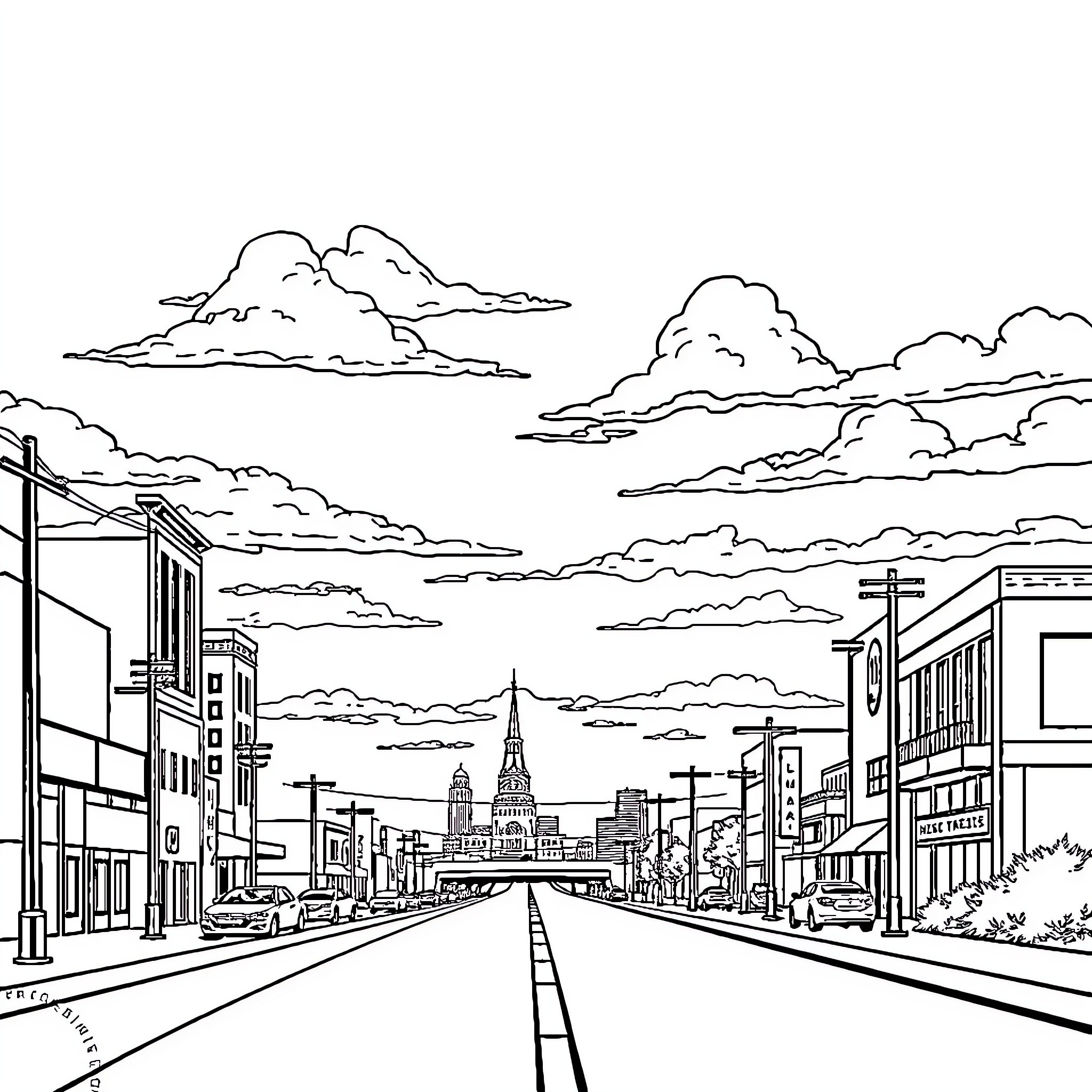 Lubbock cityscape with buildings and road Coloring Page (free black-and-white line drawing printable PDF for all, from beginners to advanced learners, including children, teens, adults, and seniors)
