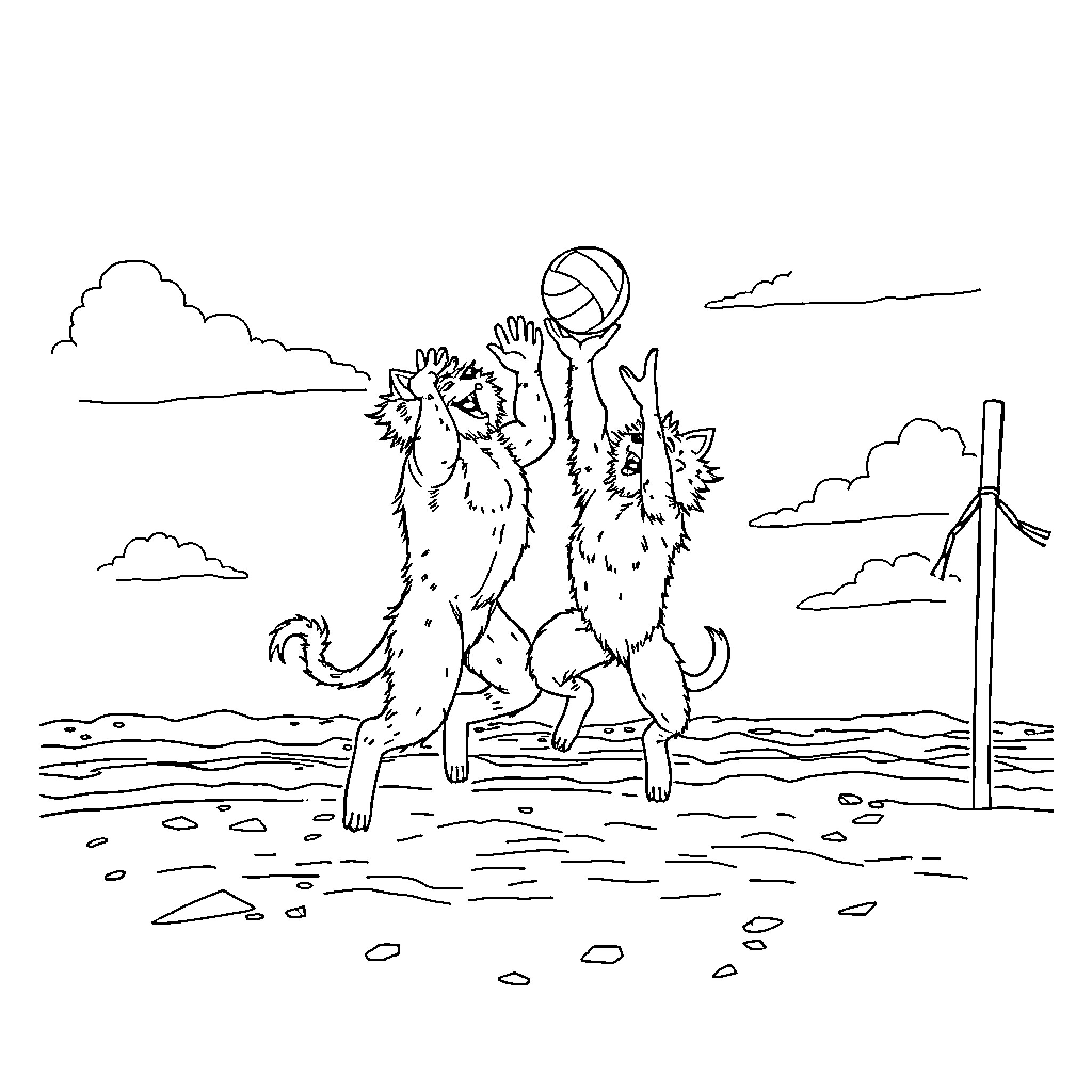 Furry Muscles Playing Volleyball on the Beach Coloring Page (free black-and-white line drawing printable PDF for all, from beginners to advanced learners, including children, teens, adults, and seniors)