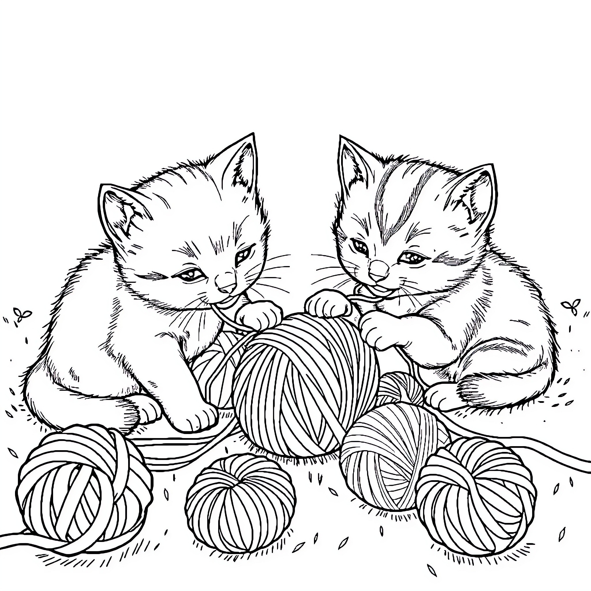 Kittens playing with yarn balls Coloring Page (free black-and-white line drawing printable PDF for all, from beginners to advanced learners, including children, teens, adults, and seniors)