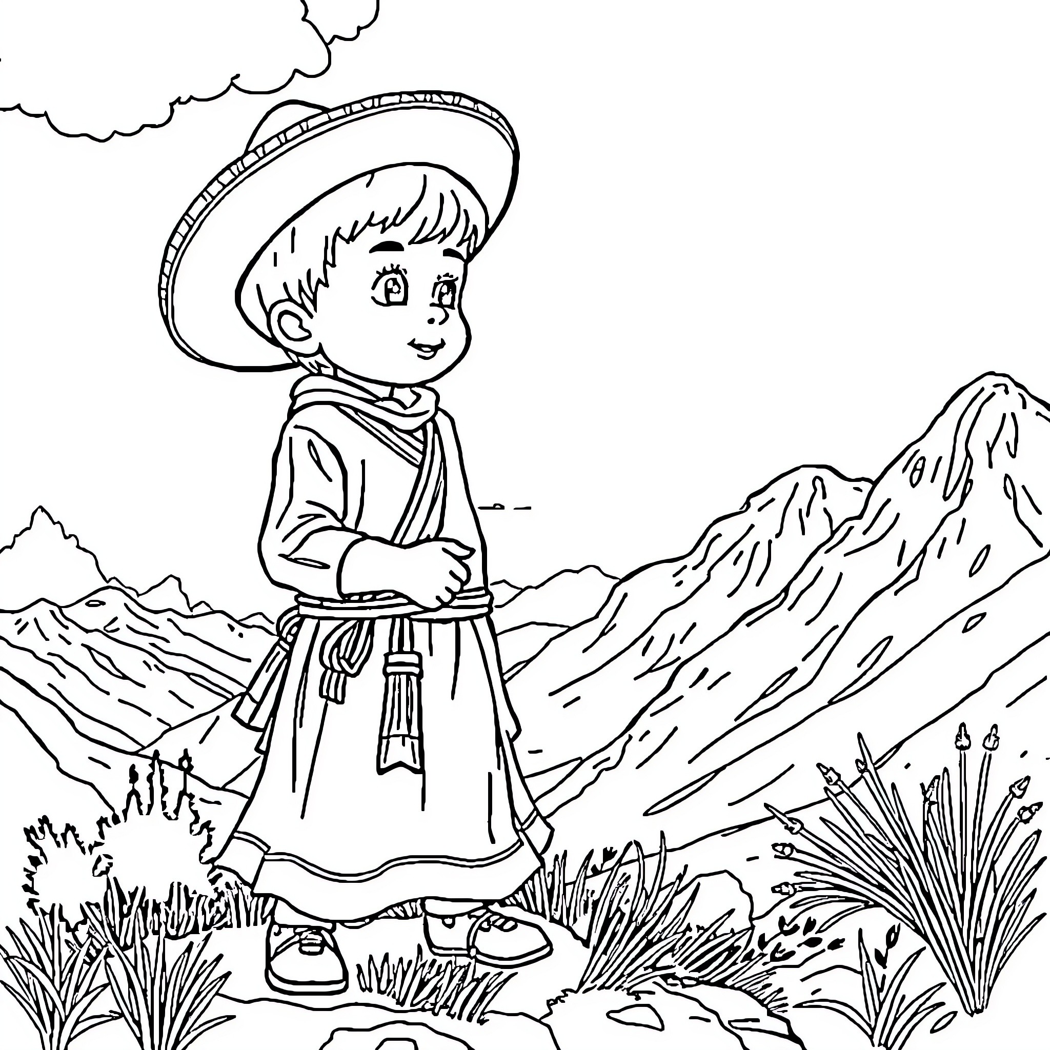 Child exploring a mountainous landscape Coloring Page (free black-and-white line drawing printable PDF for all, from beginners to advanced learners, including children, teens, adults, and seniors)