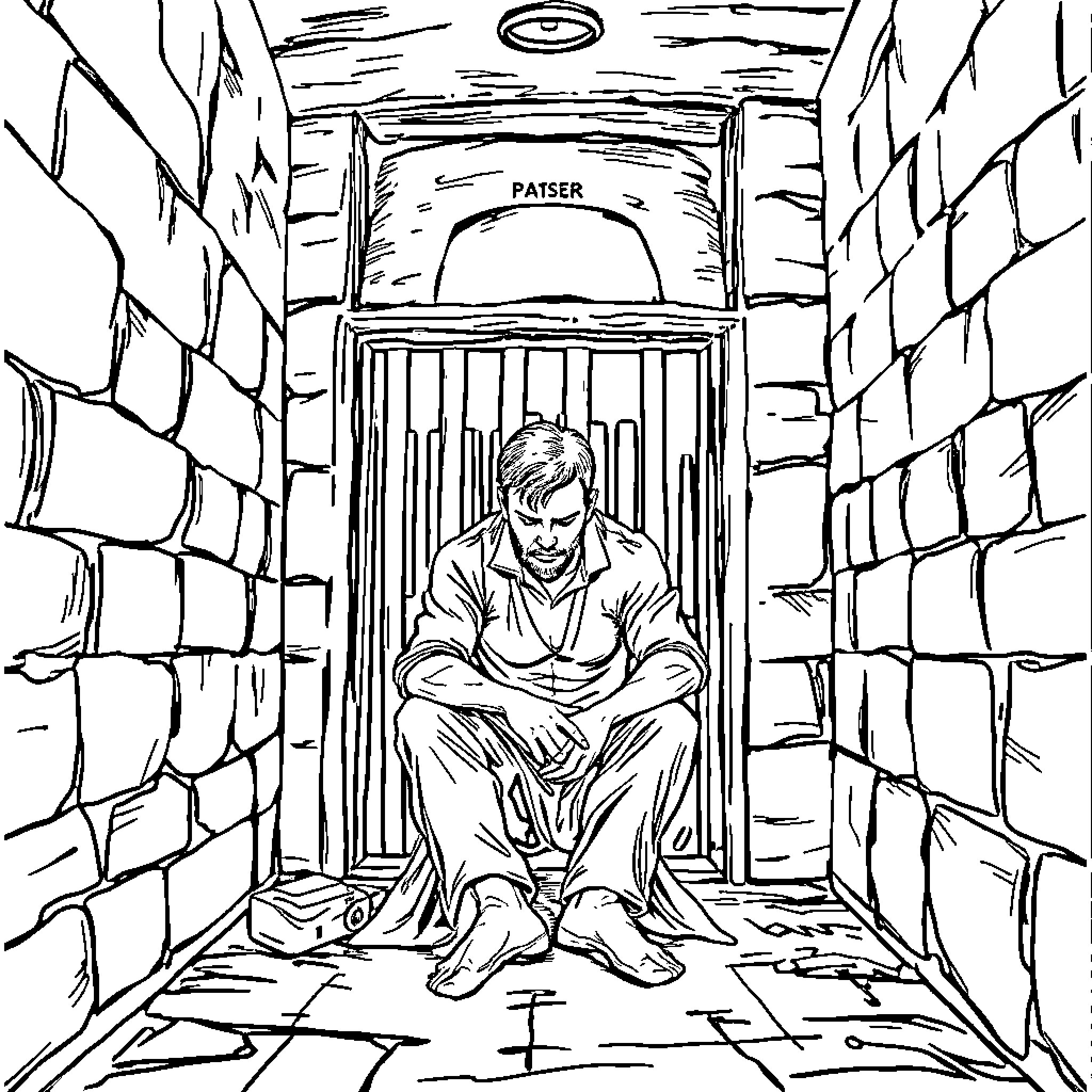 Homme imprisoned in a dark cell Coloring Page (free black-and-white line drawing printable PDF for all, from beginners to advanced learners, including children, teens, adults, and seniors)