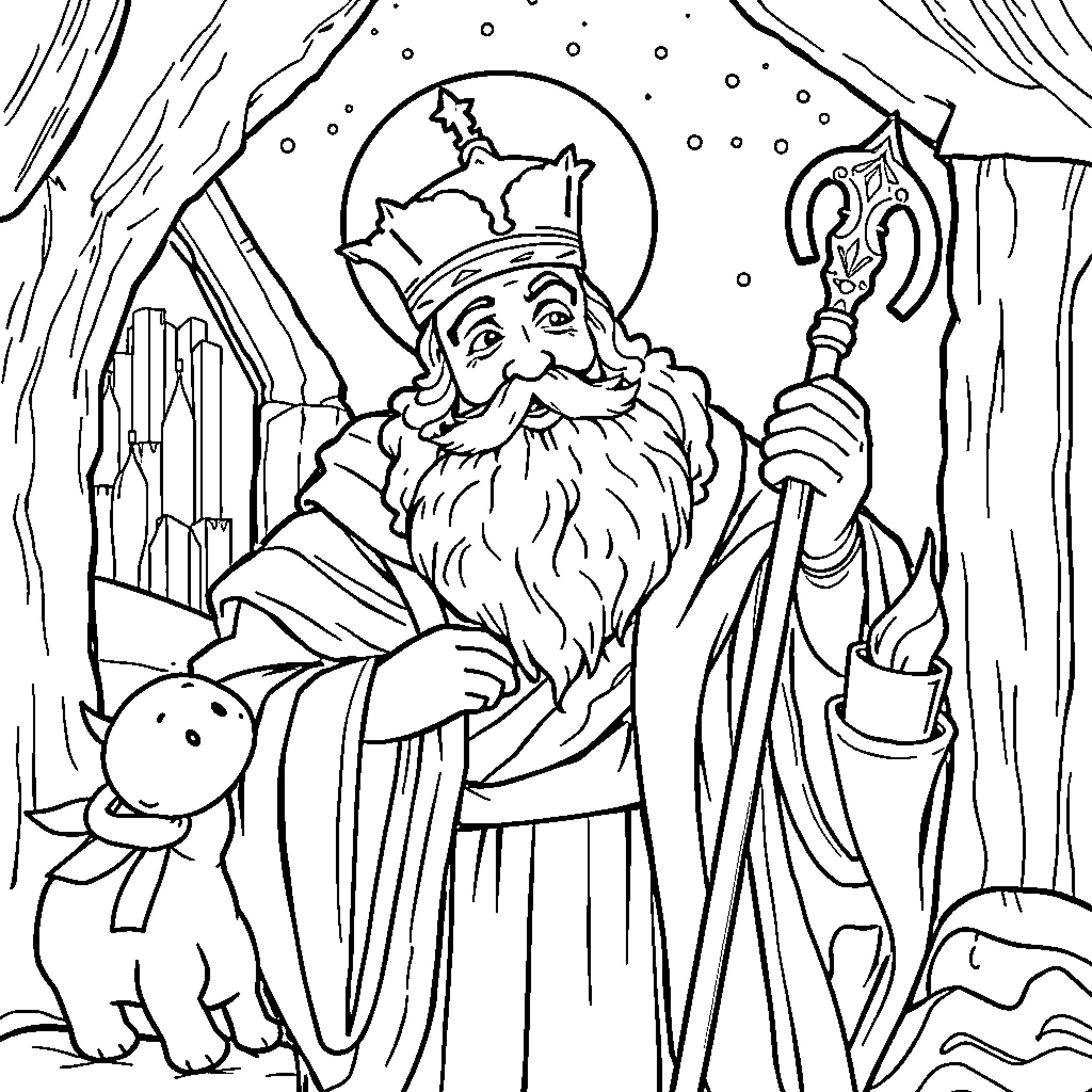 Saint Nicolas spreading joy in the snowy town Coloring Page (free black-and-white line drawing printable PDF for all, from beginners to advanced learners, including children, teens, adults, and seniors)
