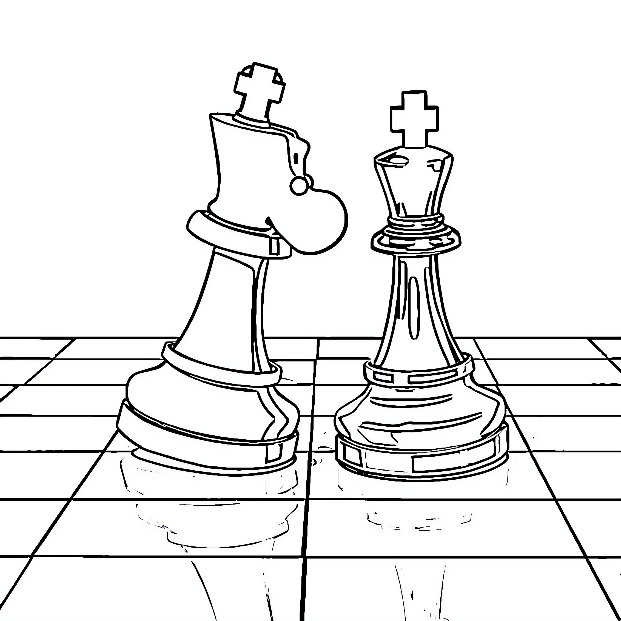 Chess Pieces in Thoughtful Standoff Coloring Page (free black-and-white line drawing printable PDF for all, from beginners to advanced learners, including children, teens, adults, and seniors)