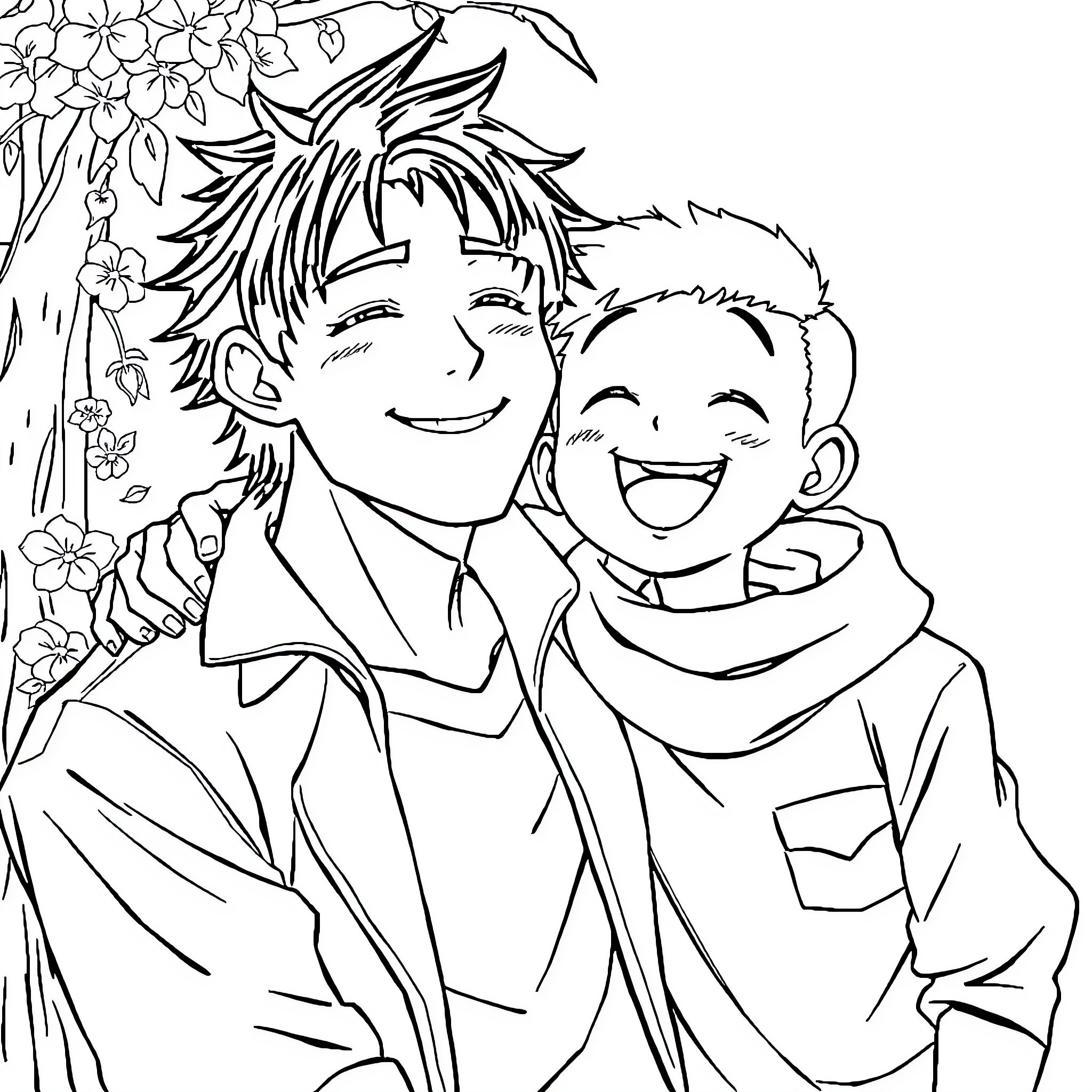 Hiro and his young friend enjoying the floral scenery Coloring Page (free black-and-white line drawing printable PDF for all, from beginners to advanced learners, including children, teens, adults, and seniors)