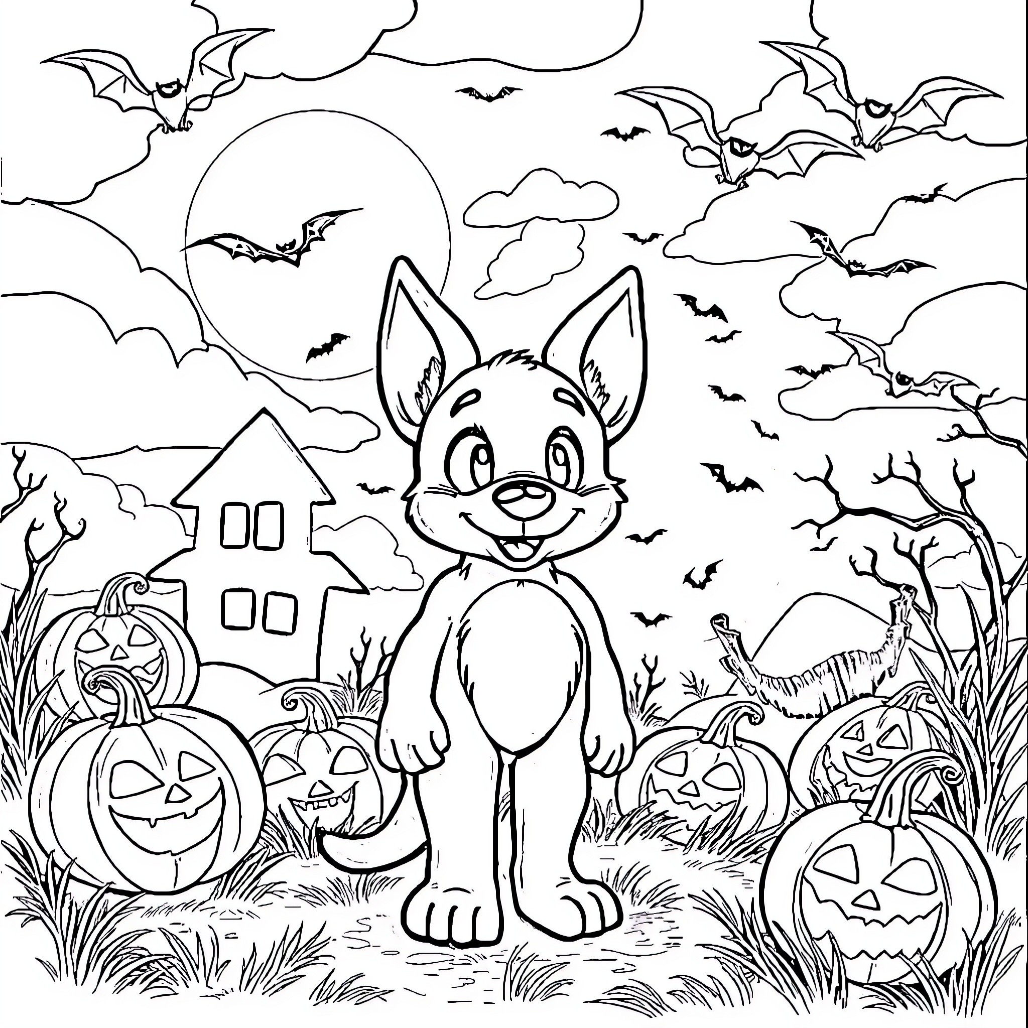 Bluey's Halloween Adventure in the Spooky Forest Coloring Page (free black-and-white line drawing printable PDF for all, from beginners to advanced learners, including children, teens, adults, and seniors)