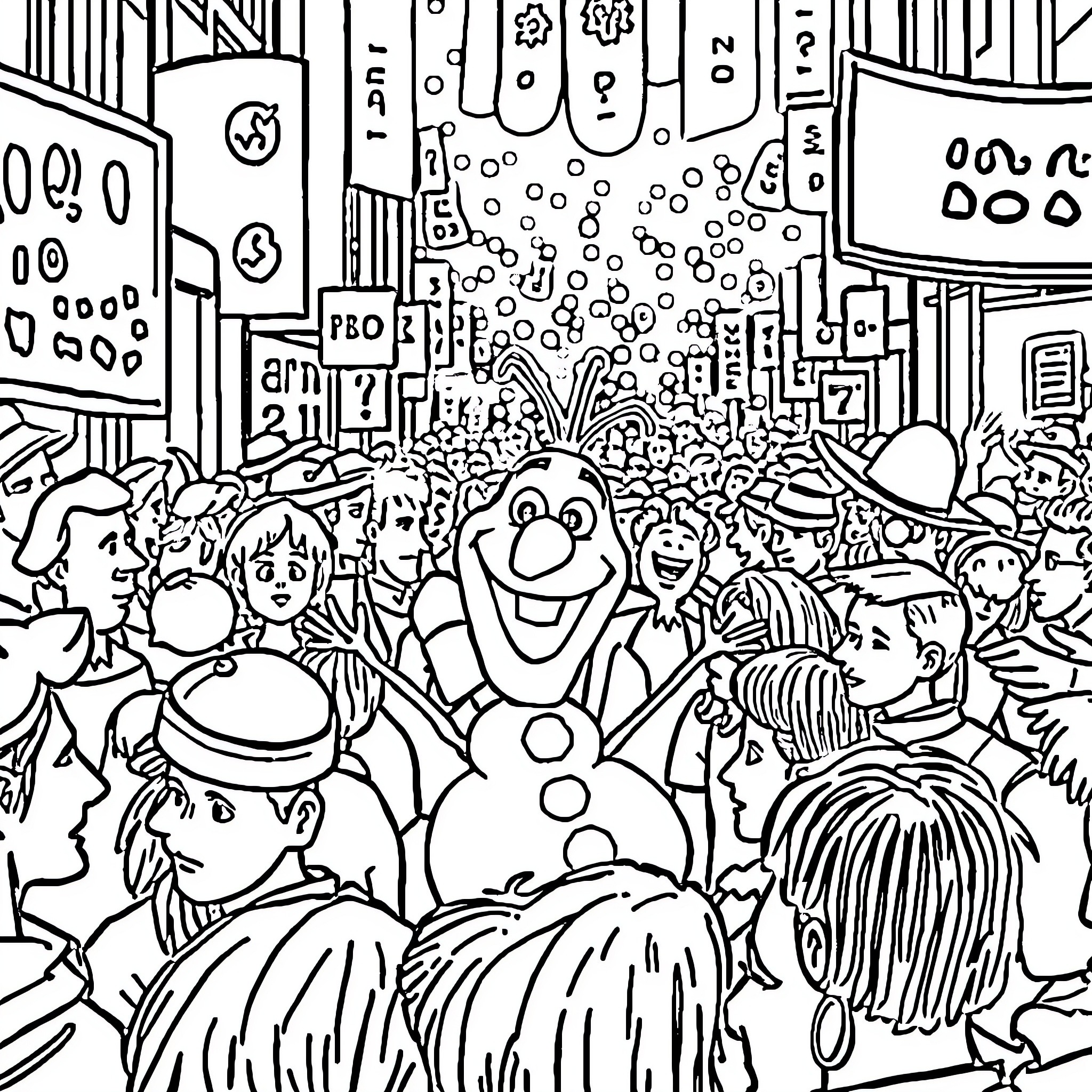 Olaf celebrating among a crowd of characters Coloring Page (free black-and-white line drawing printable PDF for all, from beginners to advanced learners, including children, teens, adults, and seniors)