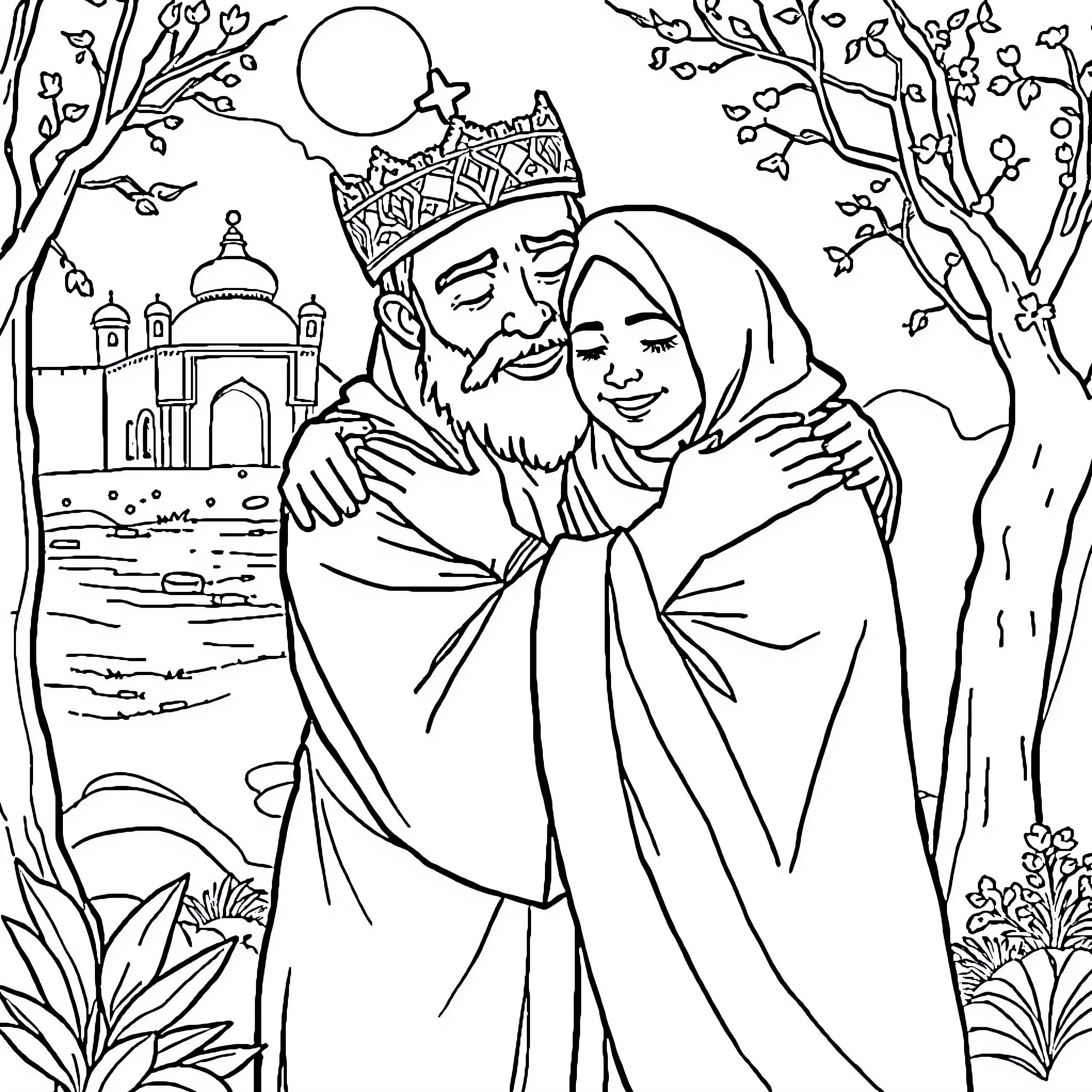 Imam Hussein embracing his family in a serene landscape Coloring Page (free black-and-white line drawing printable PDF for all, from beginners to advanced learners, including children, teens, adults, and seniors)