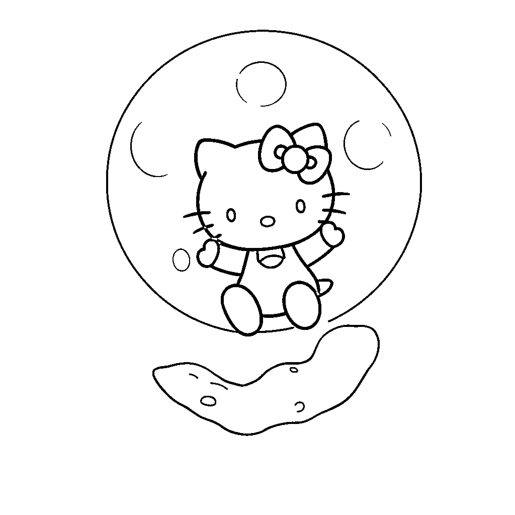 Hello Kitty playing in the crescent moon Coloring Page (free black-and-white line drawing printable PDF for all, from beginners to advanced learners, including children, teens, adults, and seniors)