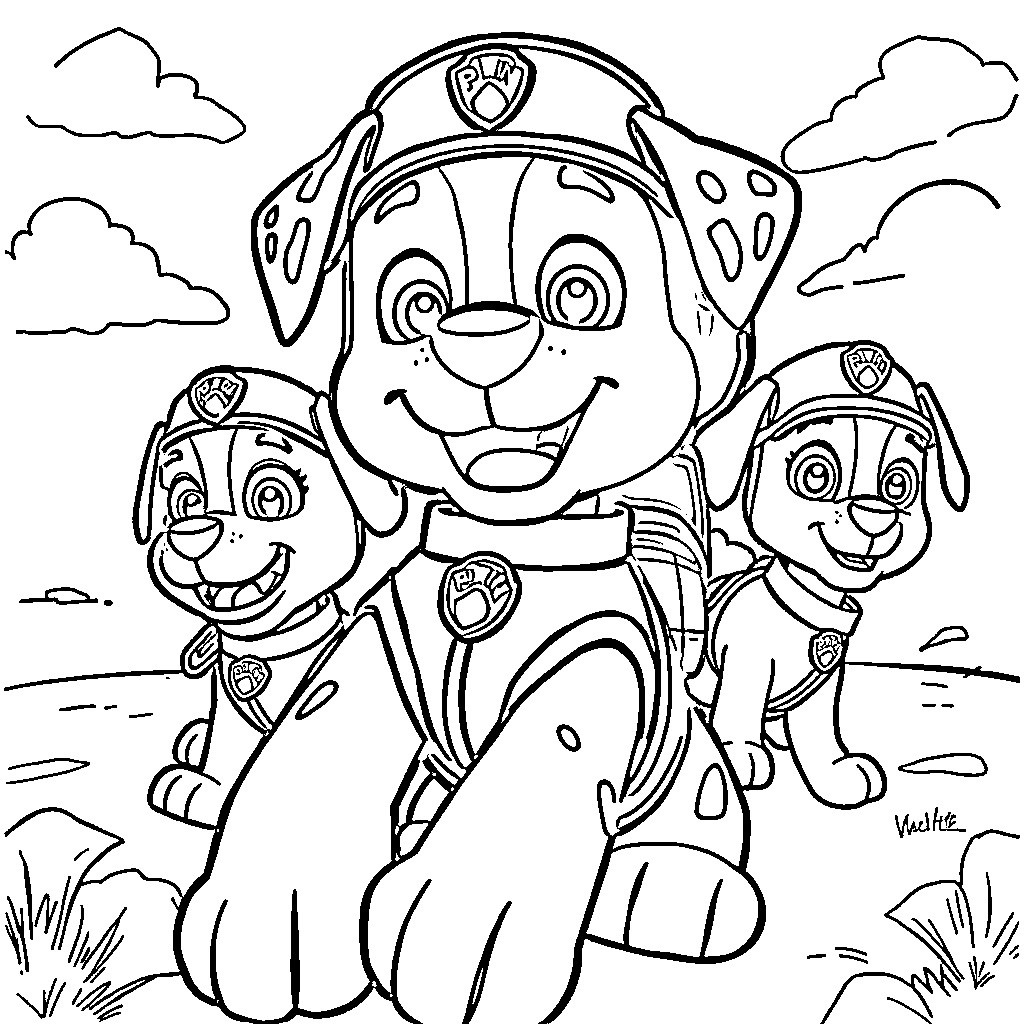 Paw Patrol pups ready for action and adventure Coloring Page (free black-and-white line drawing printable PDF for all, from beginners to advanced learners, including children, teens, adults, and seniors)