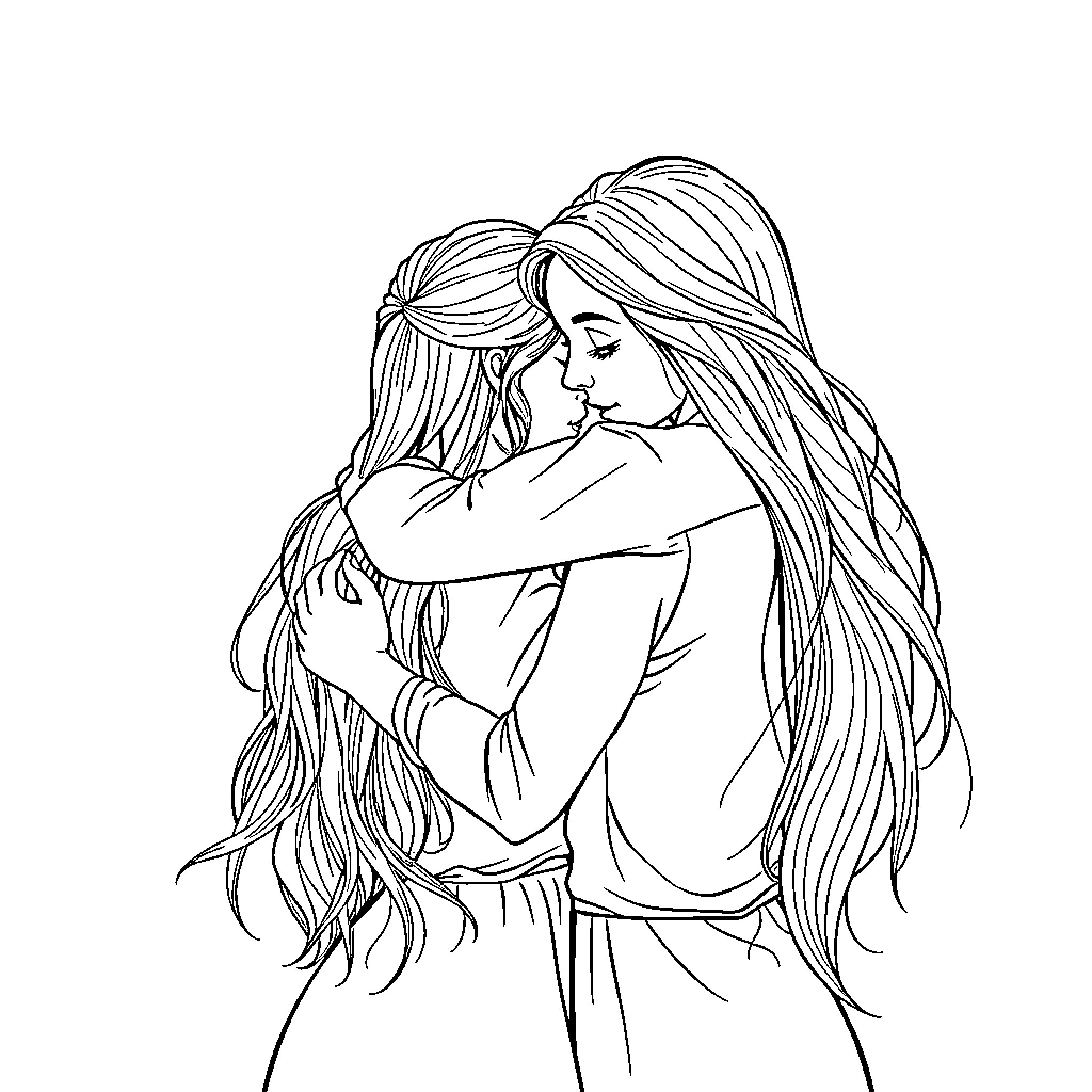 Mother and daughter in tender embrace Coloring Page (free black-and-white line drawing printable PDF for all, from beginners to advanced learners, including children, teens, adults, and seniors)
