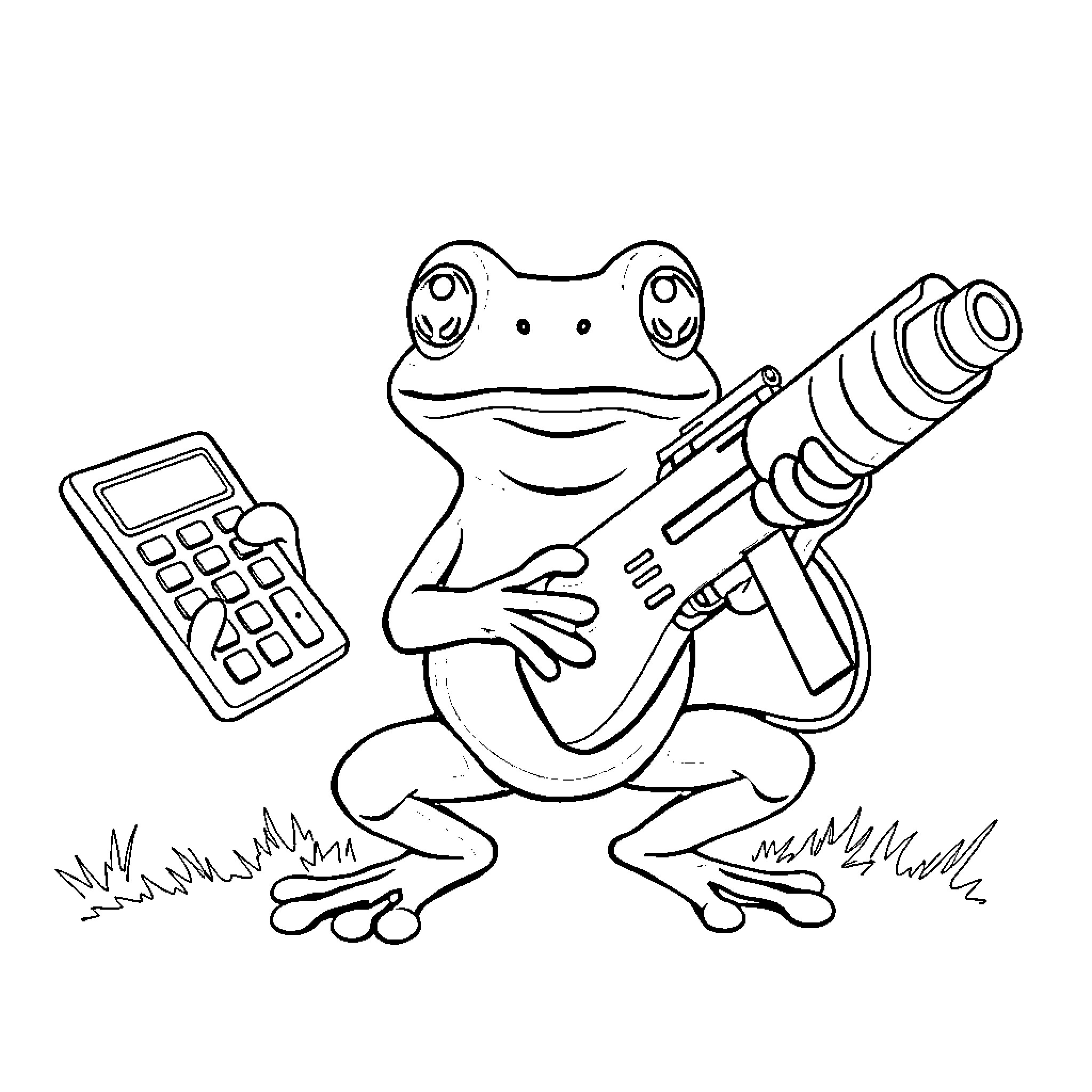 Frog using calculator and power tool Coloring Page (free black-and-white line drawing printable PDF for all, from beginners to advanced learners, including children, teens, adults, and seniors)